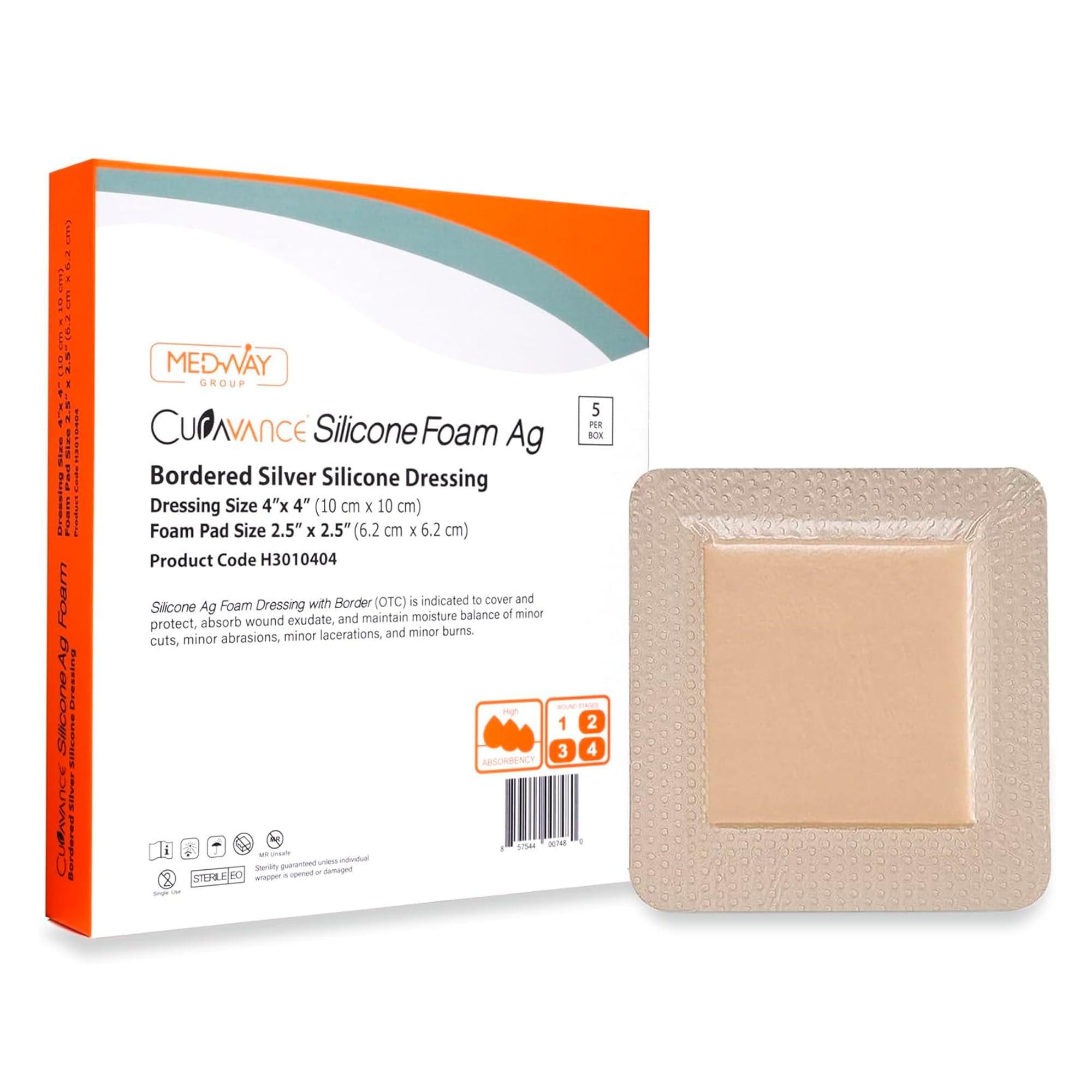 MedVance bordered silver silicone Ag dressing in box with sterile packaging for clean wound care.