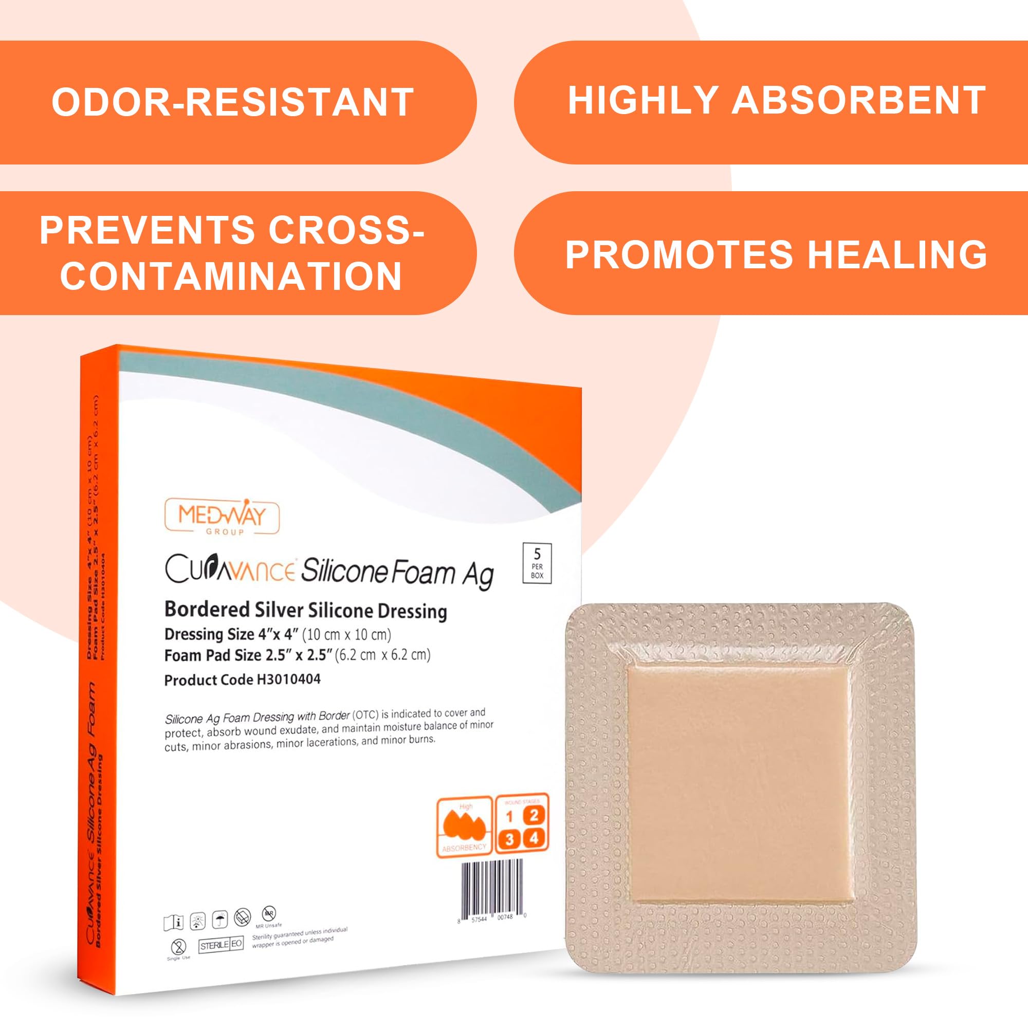 MedVance bordered silver silicone Ag dressing close-up showing soft adhesive for skin-friendly changes.
