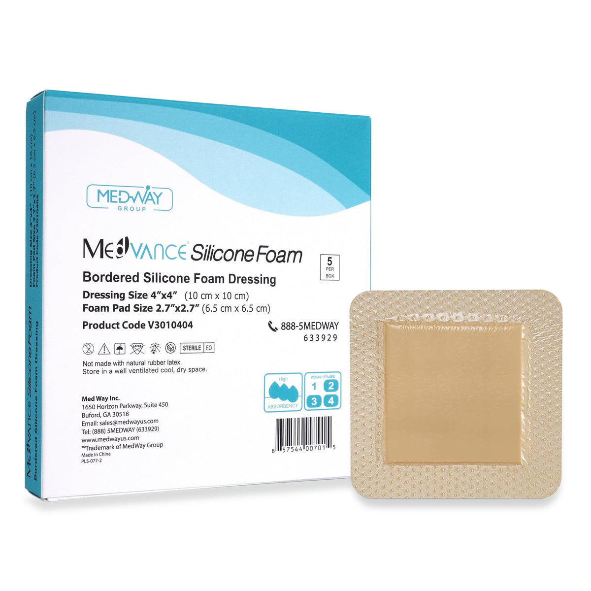 MedVance silicone bordered dressing 4x4 box of five offers sterile, ready-to-use protection.
