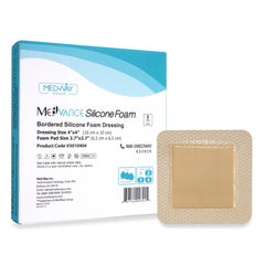 MedVance silicone bordered dressing 4x4 box of five offers sterile, ready-to-use protection.