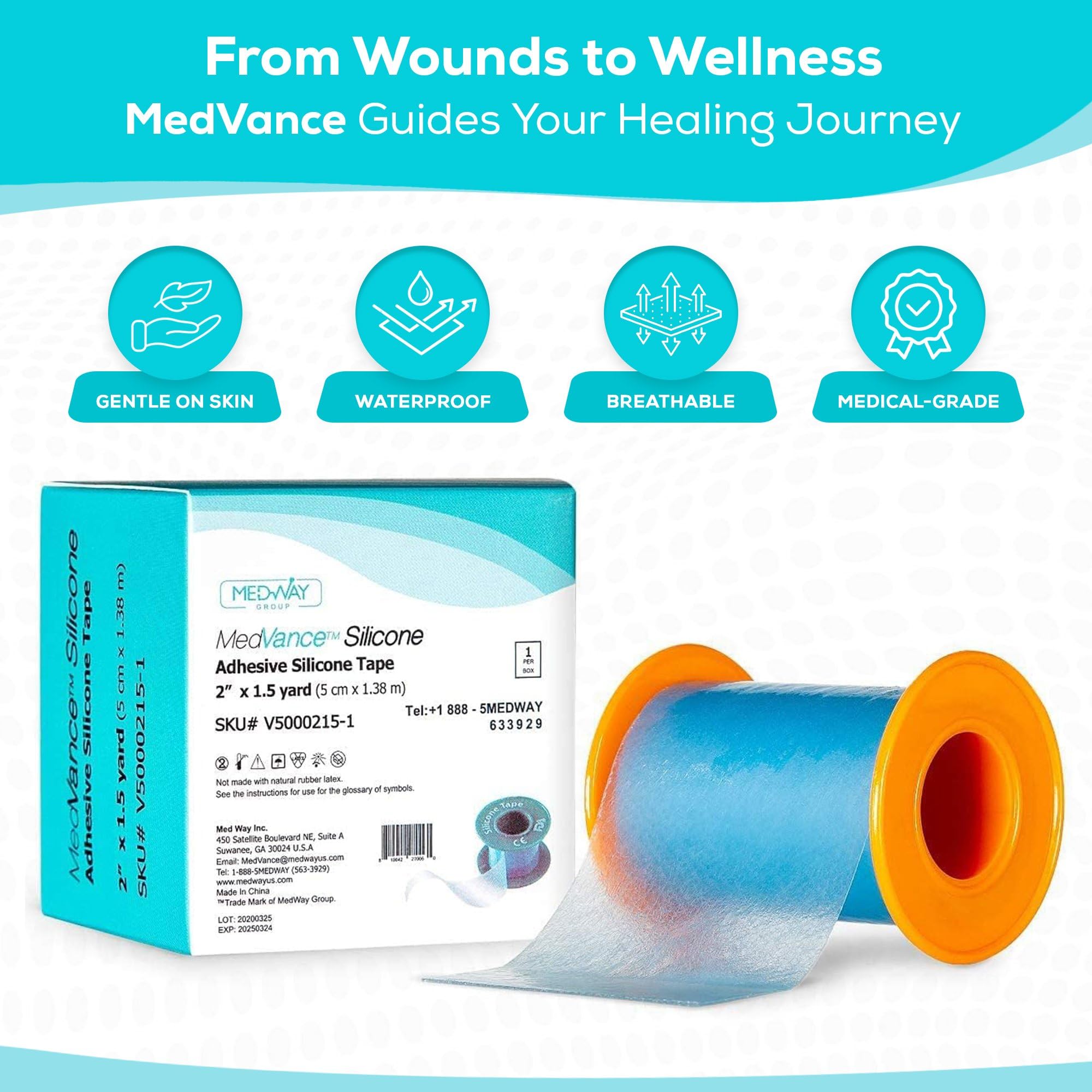 MedVance skin-friendly silicone tape for wounds, suitable for all skin types.