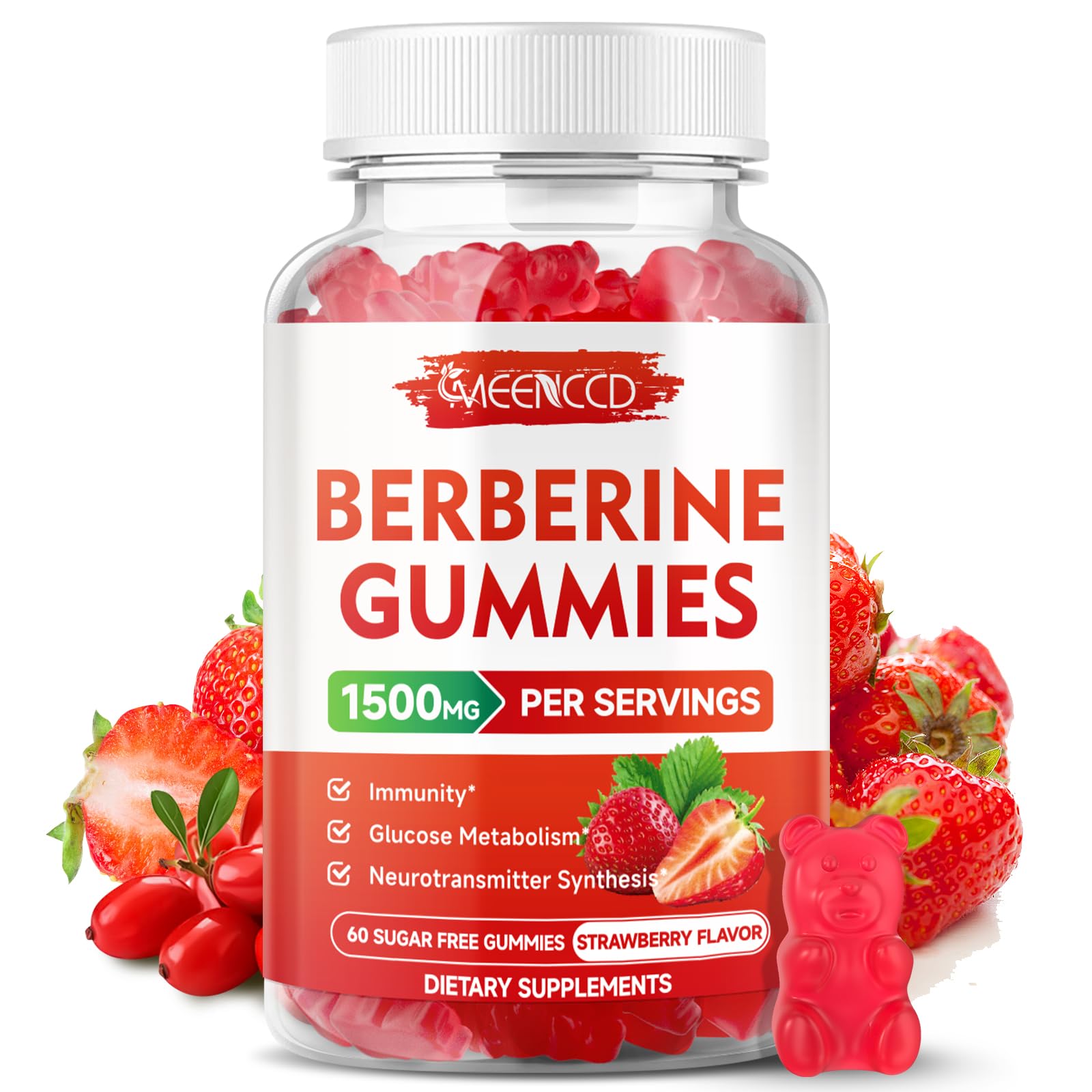 MEENCCD Berberine Gummies bottle front with strawberry flavor for daily wellness.