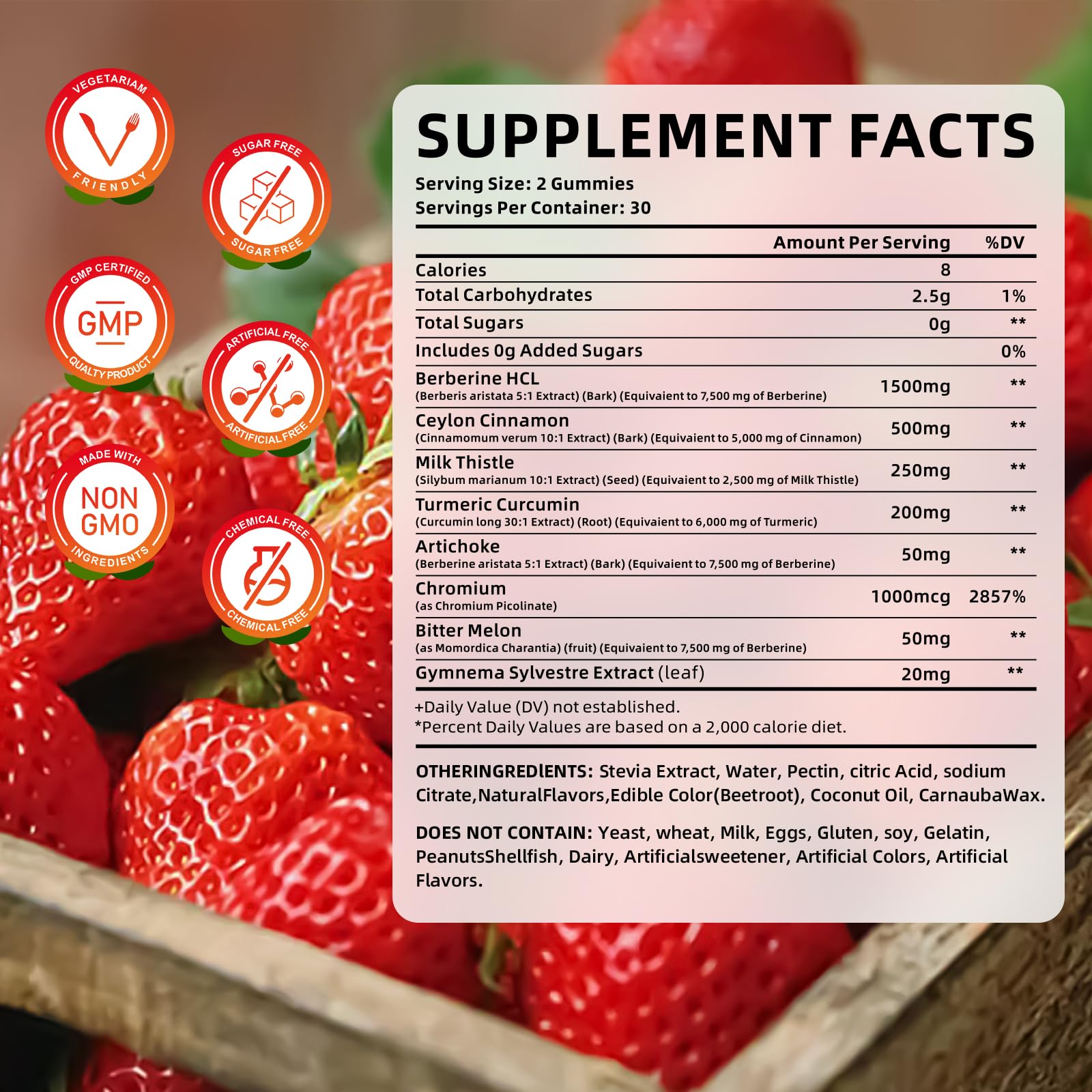 MEENCCD Berberine Gummies bottle label close-up showing ingredients and GMP quality.
