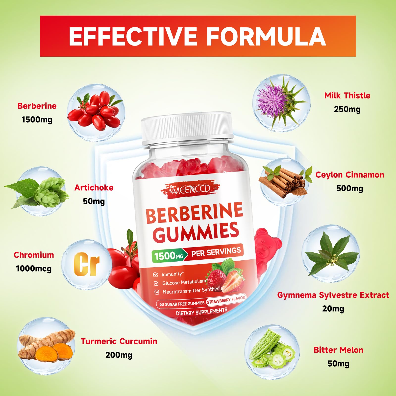 MEENCCD Berberine Gummies ingredients panel emphasizing natural botanicals and vegan formula.