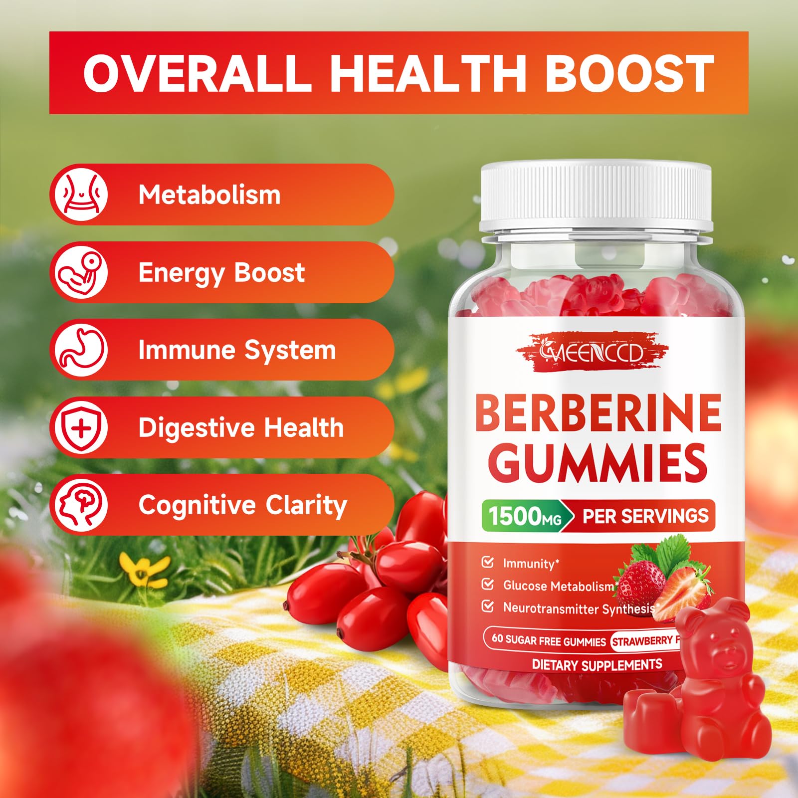 MEENCCD Berberine Gummies jar with spoon highlighting chewy texture for easy dosing.