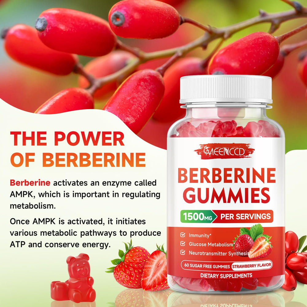 MEENCCD Berberine Gummies strawberry flavor close-up highlighting tasty daily dose.