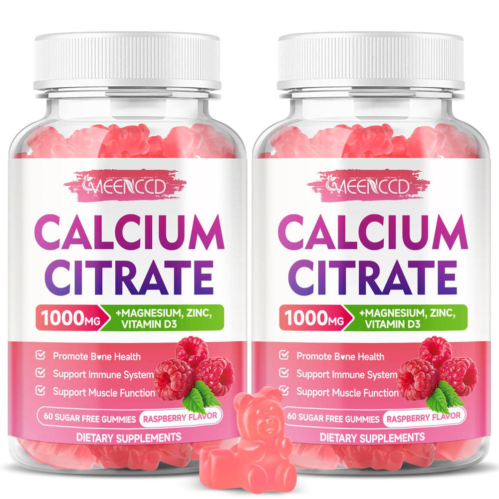 MEENCCD calcium citrate gummies bottle in raspberry flavor for daily calcium support.