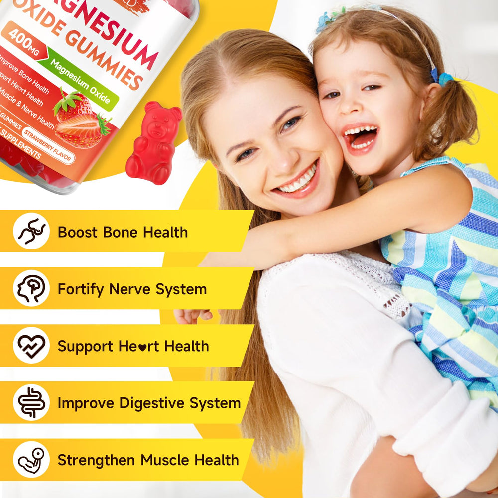 Strawberry-flavored MEENCCD gummies highlight tasty magnesium intake.