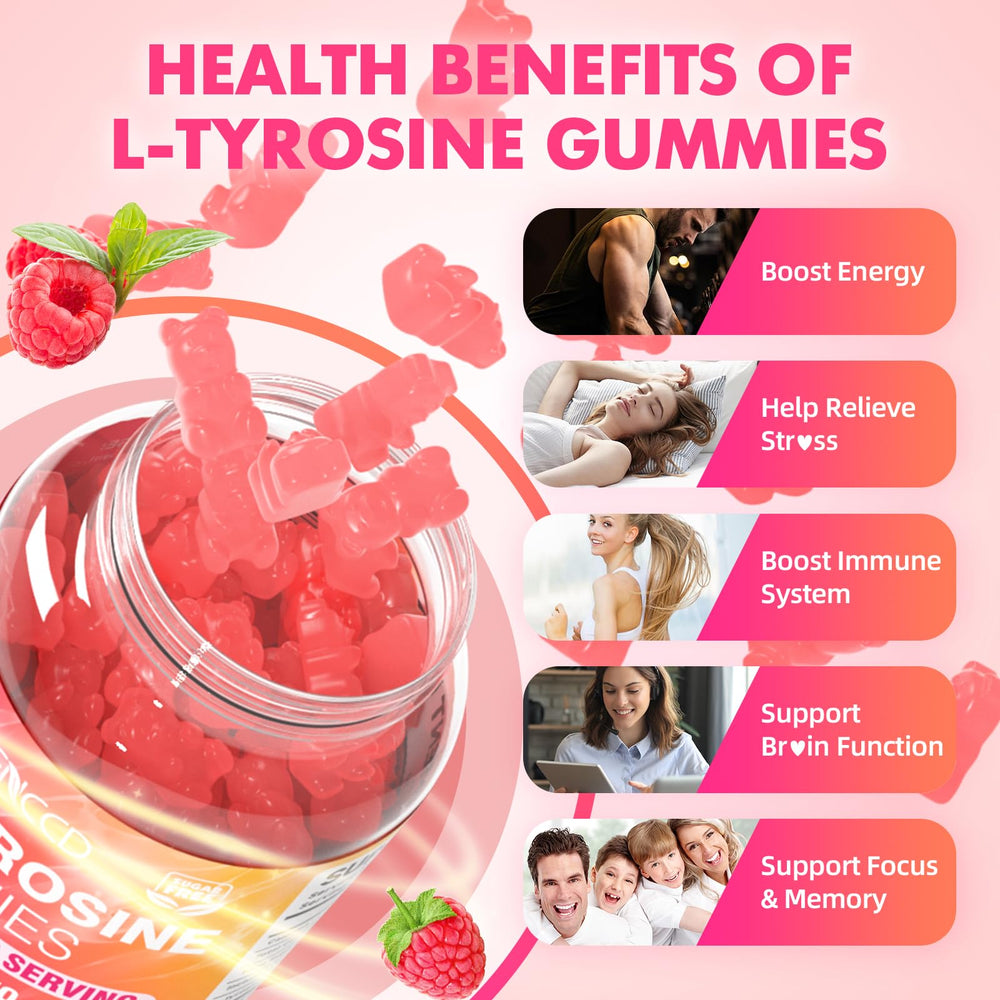 MEENCCD L-Tyrosine Gummies packaging highlights vegan, non-GMO ingredients