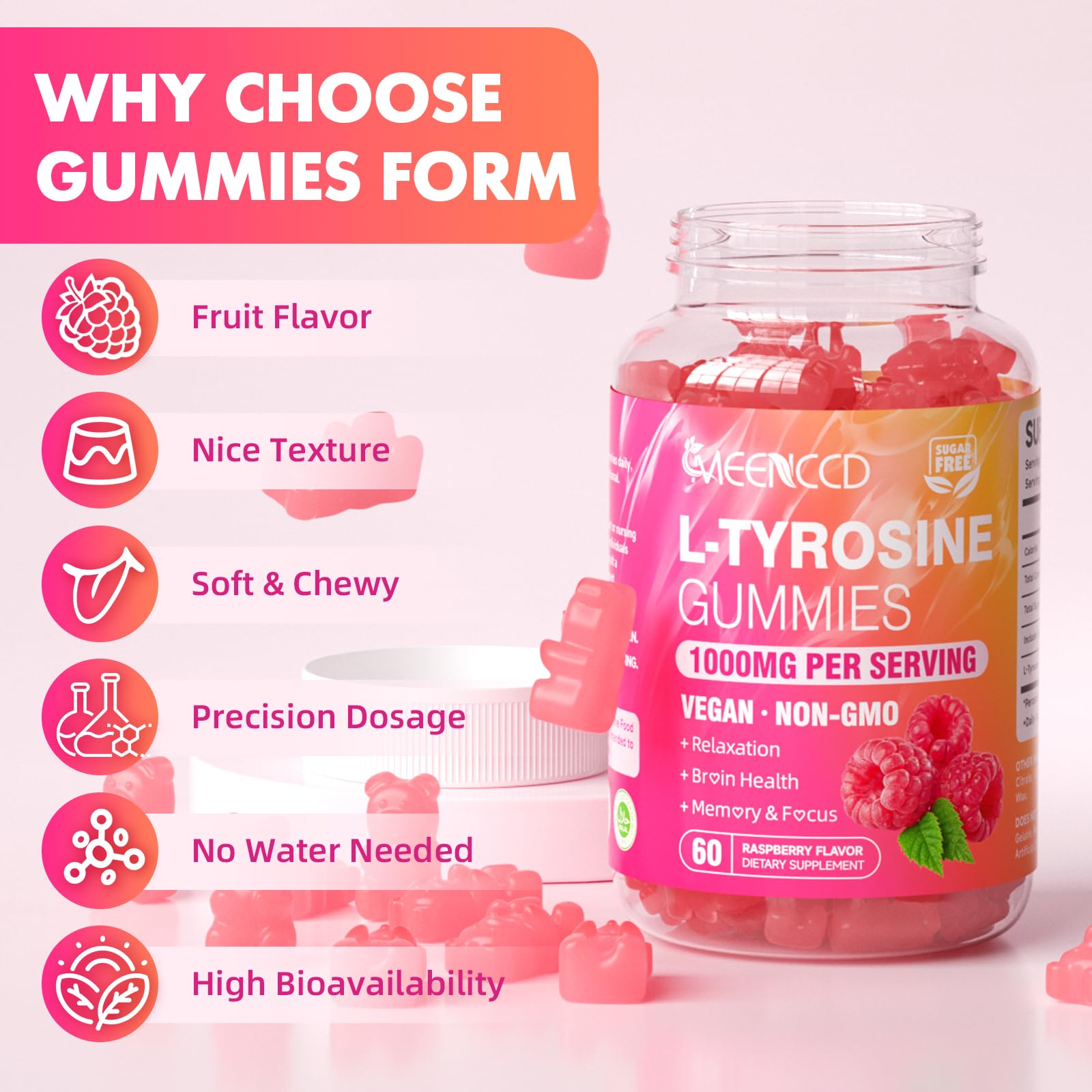MEENCCD L-Tyrosine Gummies pour demonstrates grab-and-go serving