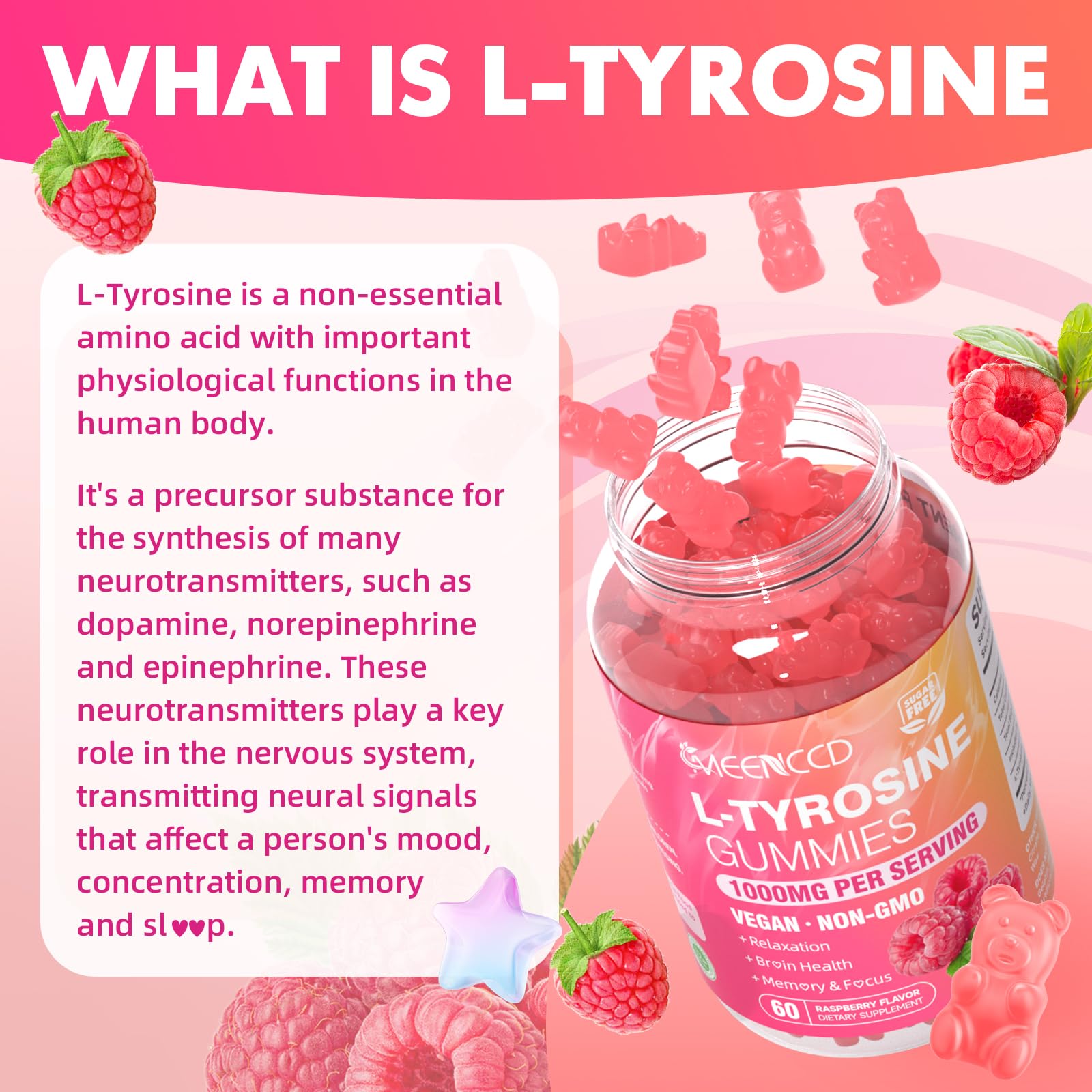 MEENCCD L-Tyrosine Gummies raspberry flavor invites tasty, sugar-free snacking