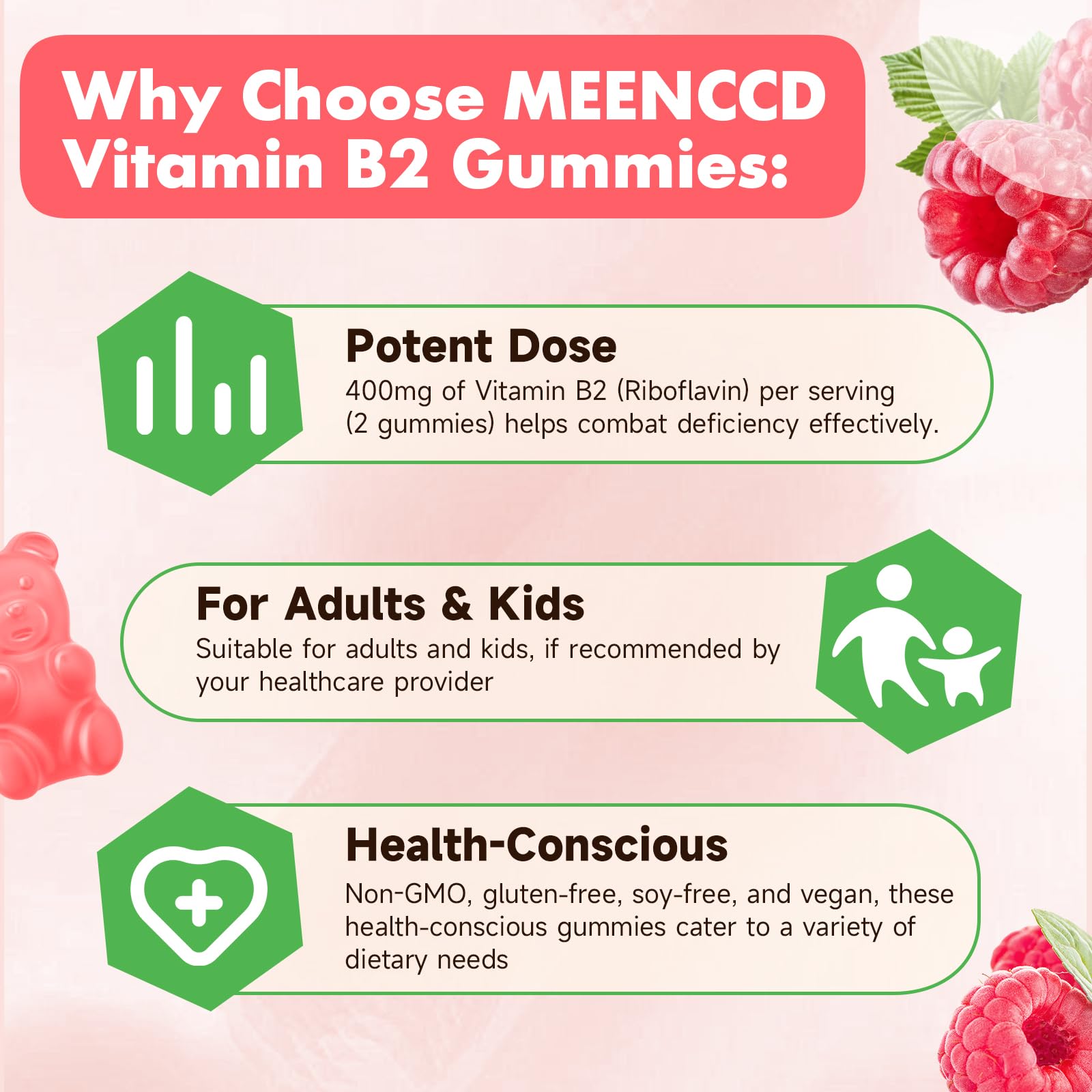 MEENCCD Vegan sugar-free B2 Gummies ideal for adults and kids.