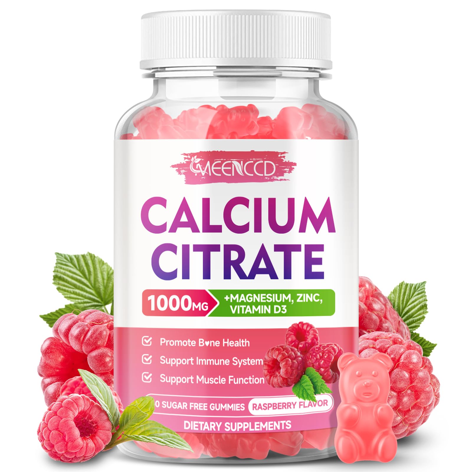 MEENCCD Calcium Citrate Gummies bottle with raspberry flavor for easy calcium intake