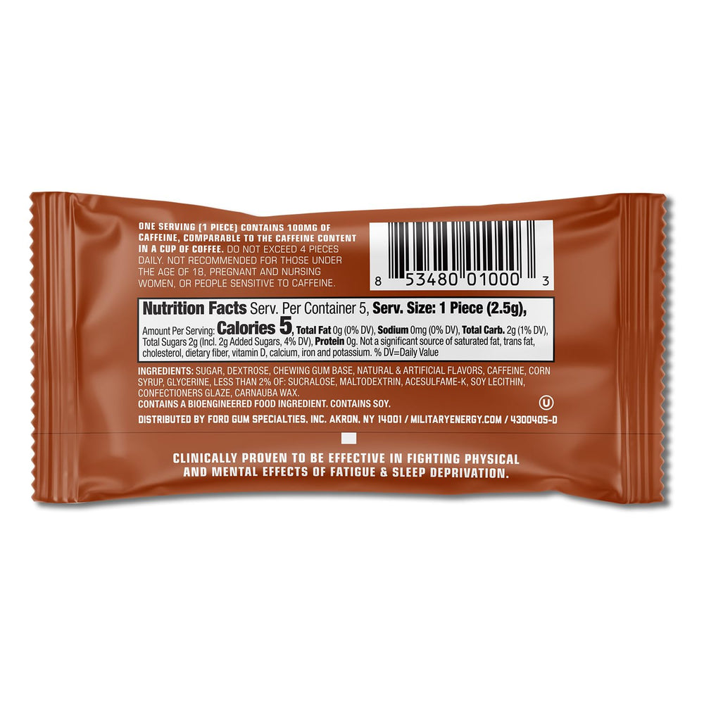 MEG Military Energy Gum Cinnamon pack front highlights compact travel energy
