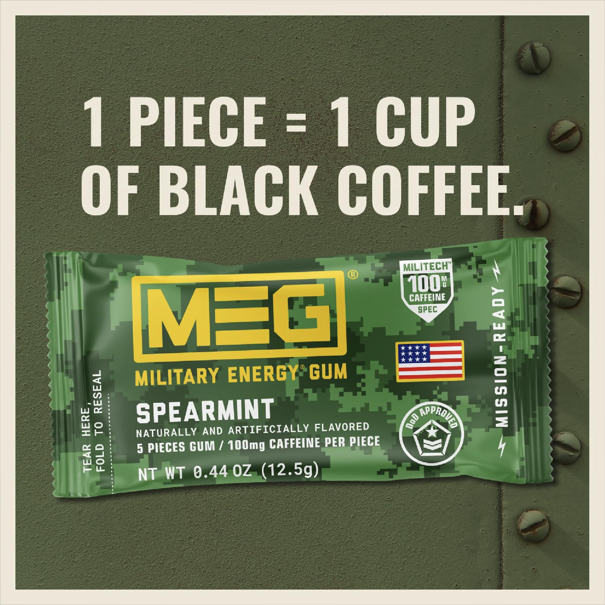 MEG Military Energy Gum Cinnamon flavor close-up suggests focus boost