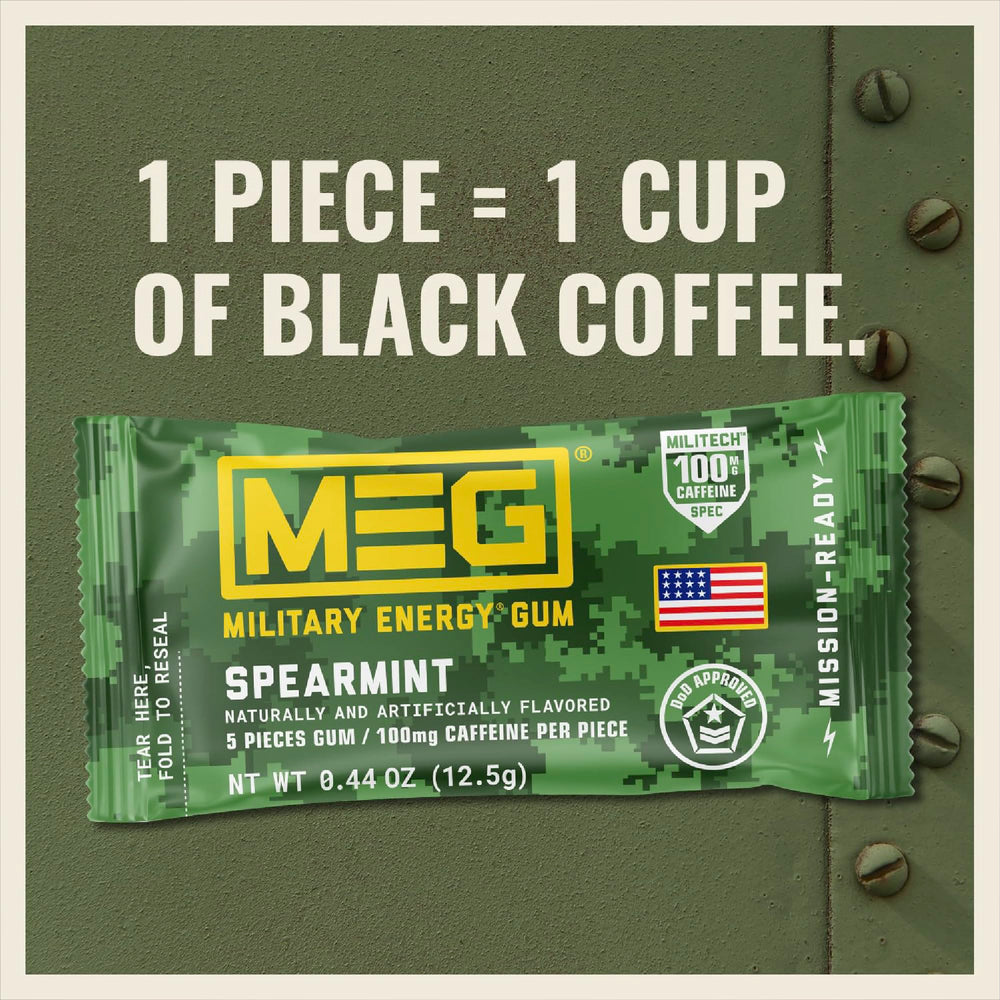 MEG Military Energy Gum Cinnamon flavor close-up suggests focus boost