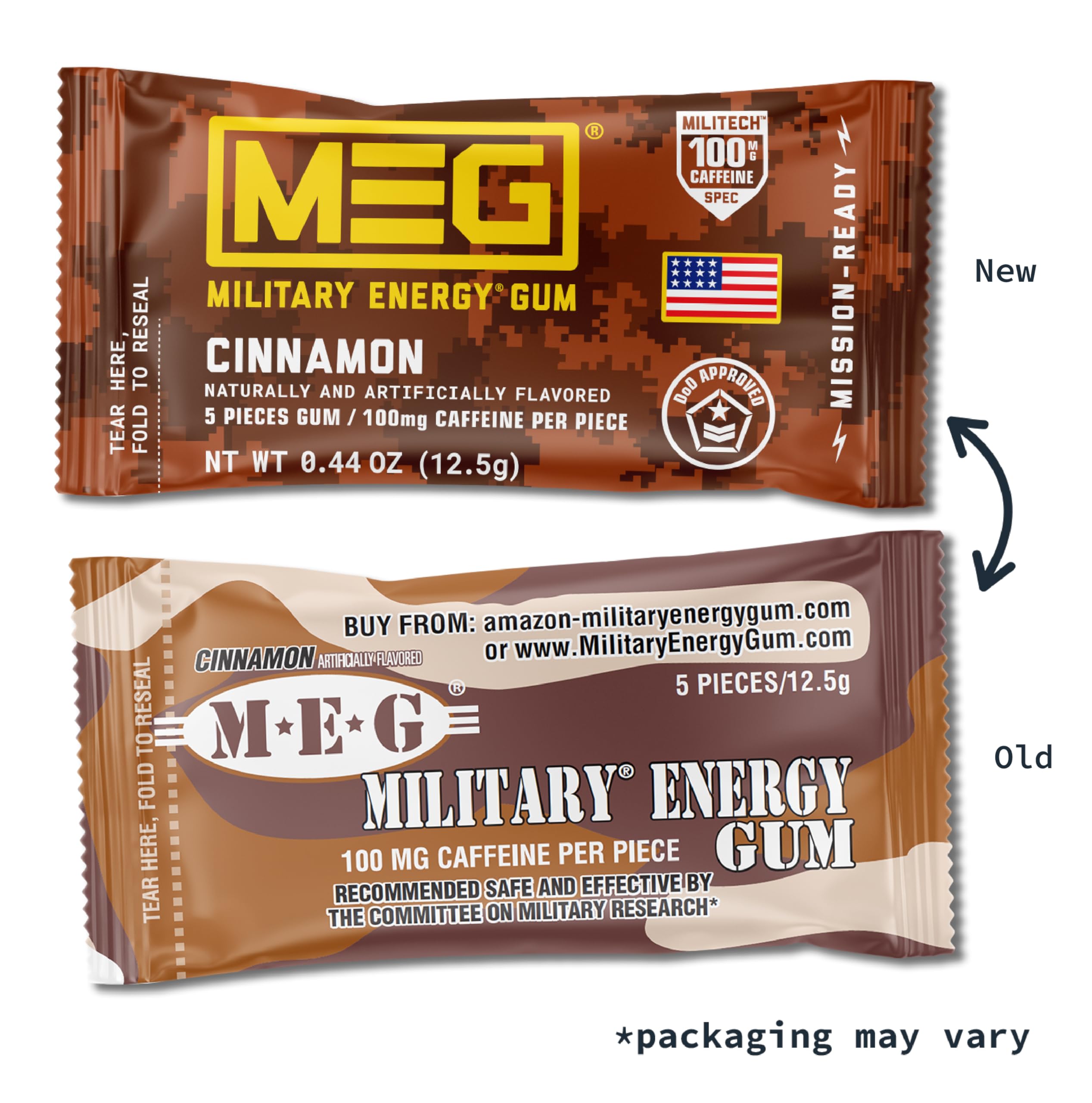 MEG Military Energy Gum Cinnamon pack open shows portable portions