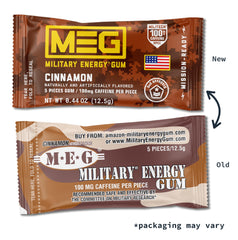 MEG Military Energy Gum Cinnamon pack open shows portable portions