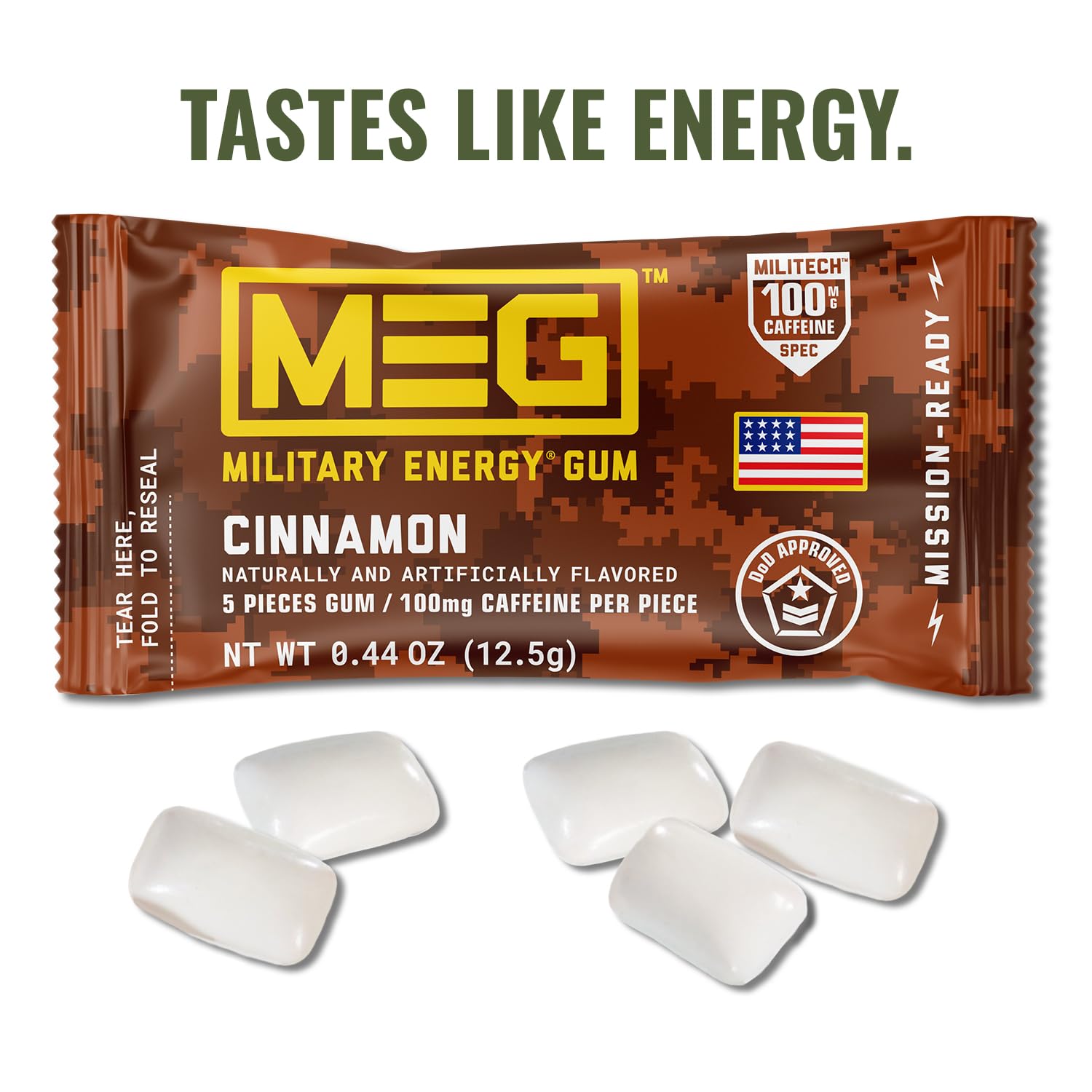 MEG Military Energy Gum Cinnamon piece provides instant energy bite