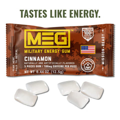 MEG Military Energy Gum Cinnamon piece provides instant energy bite