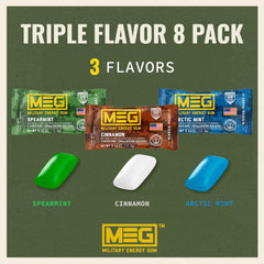 MEG Military Energy Gum Spearmint front-pack highlights fast alertness potential