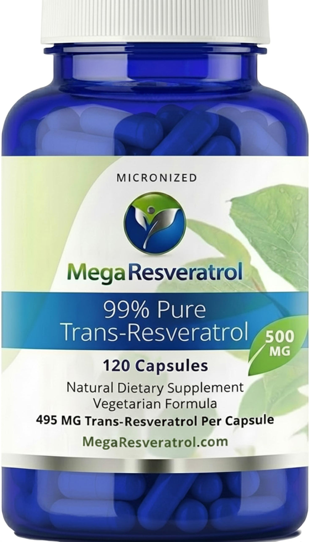 Mega Resveratrol bottle front shows premium purity for daily use.