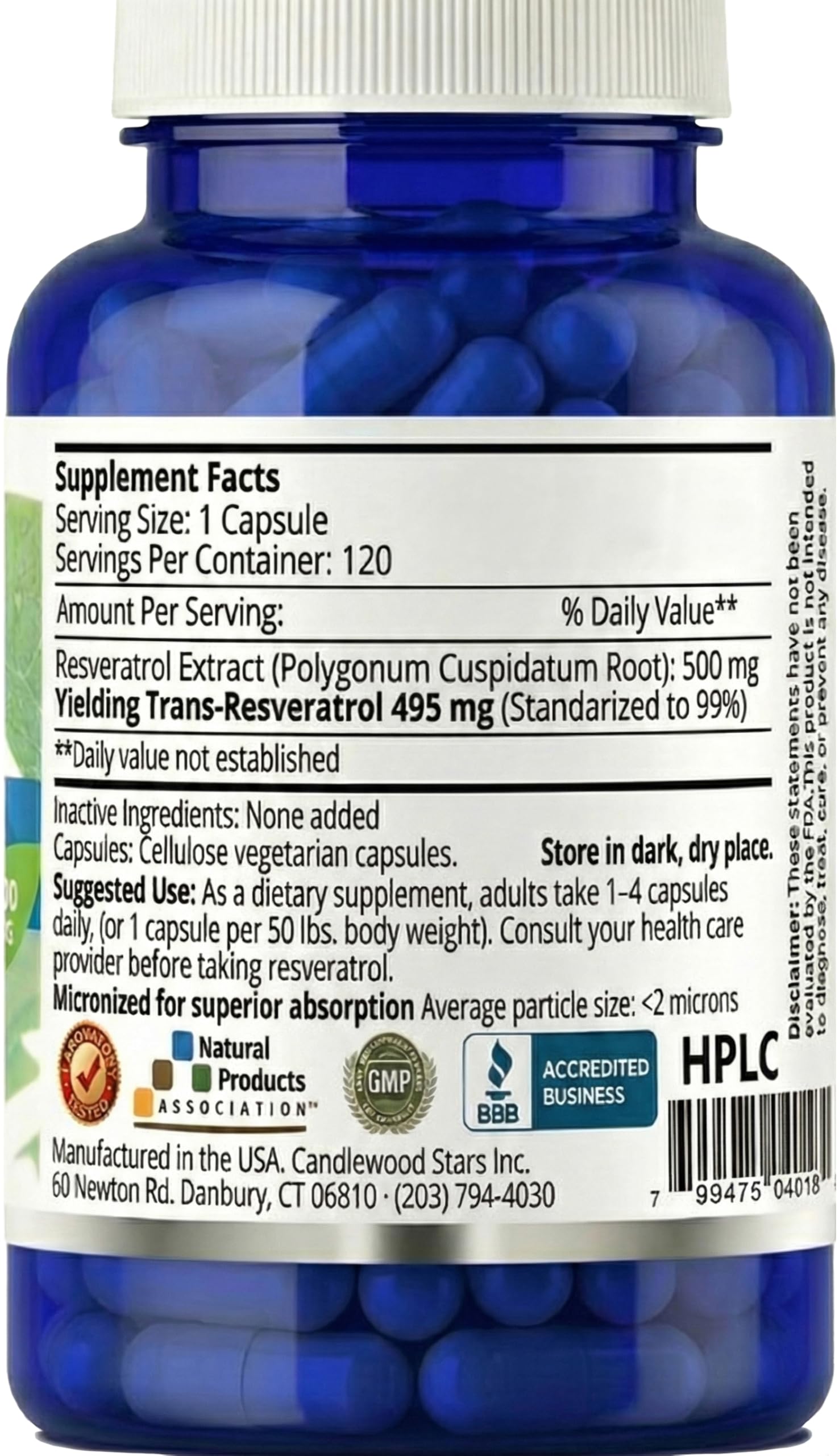 Mega Resveratrol capsules closeup highlights 500 mg per capsule.