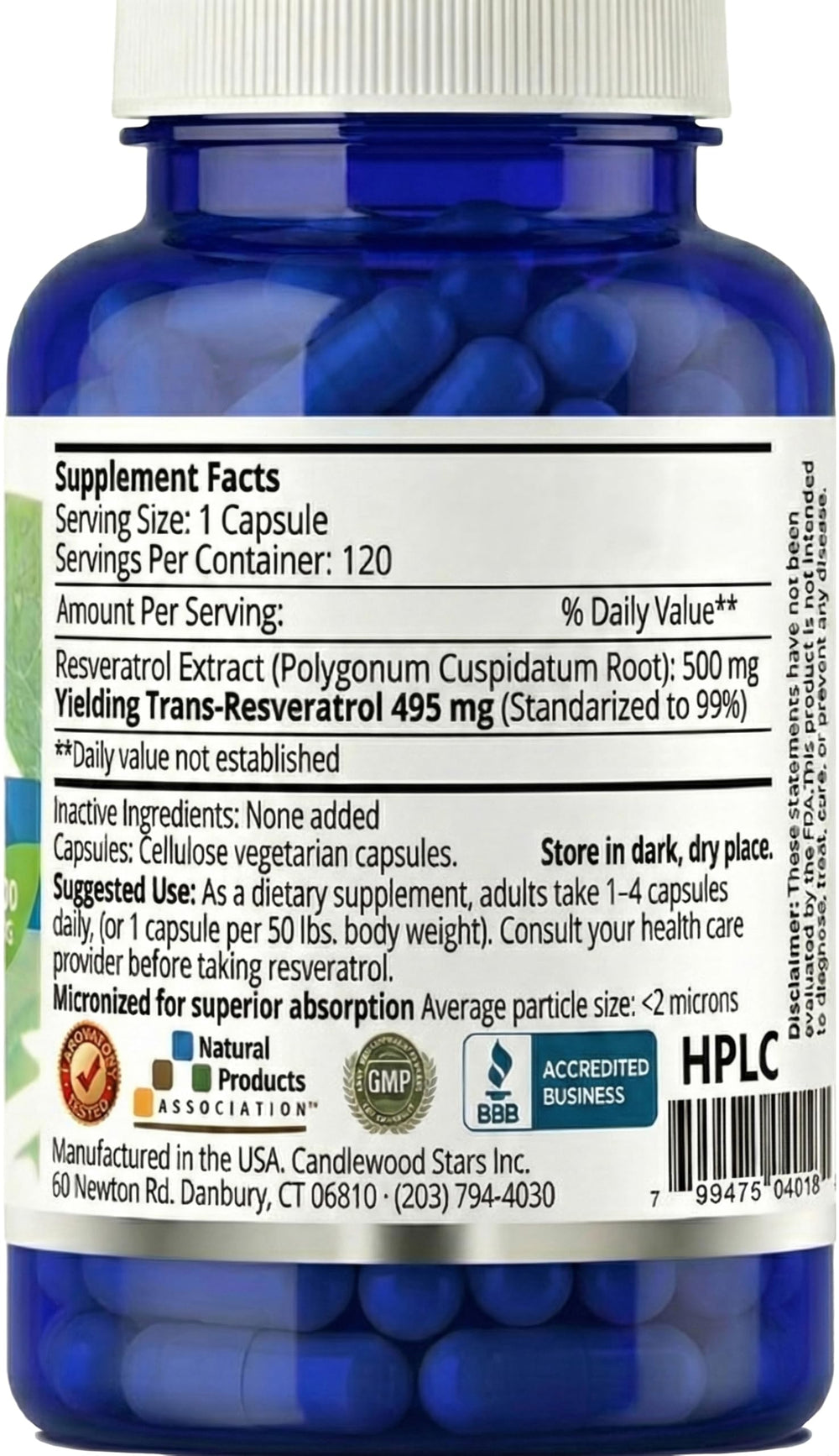 Mega Resveratrol capsules closeup highlights 500 mg per capsule.