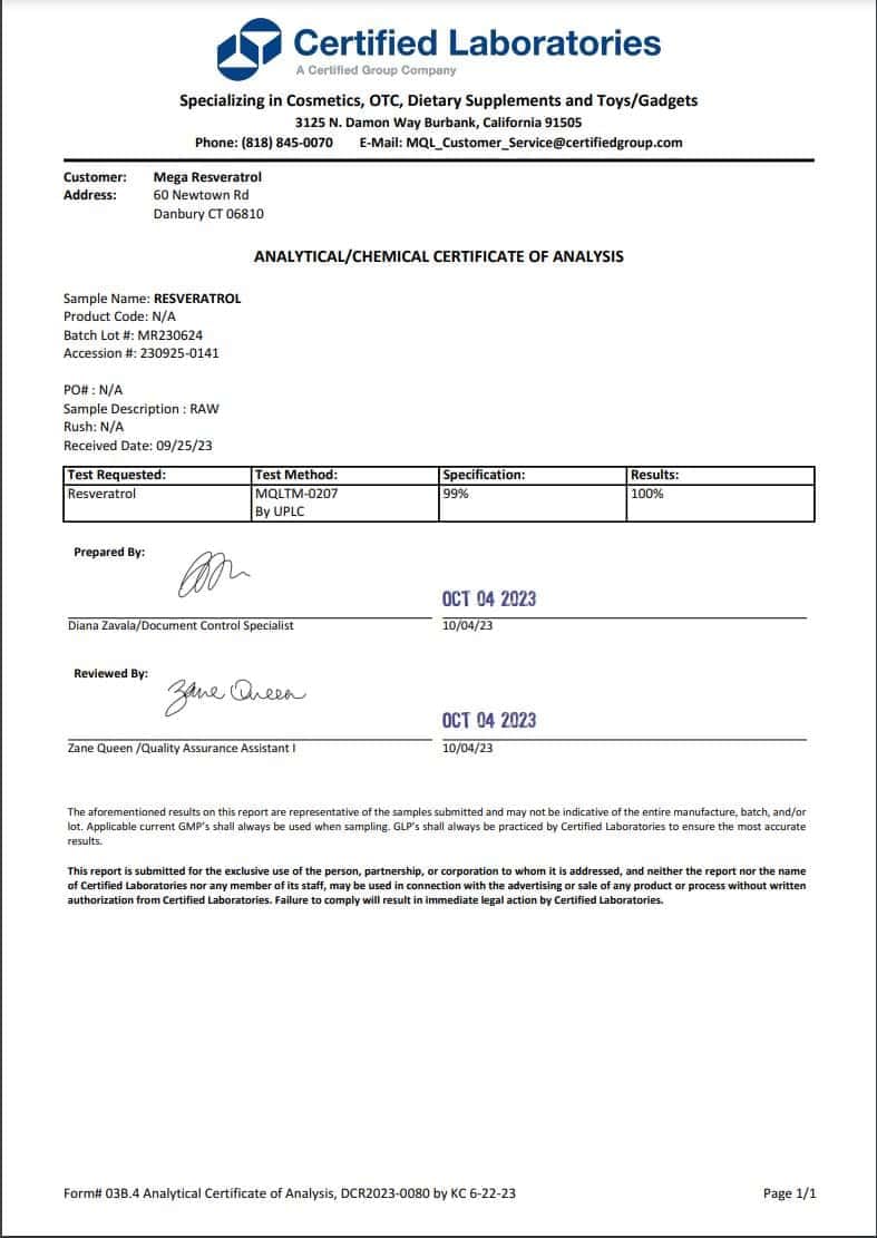Mega Resveratrol label shows 99% purity and USA manufacturing quality.