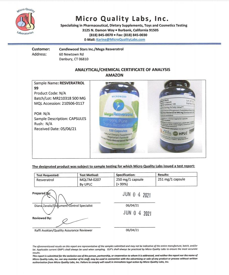 Mega Resveratrol purity seal communicates 99% purity.