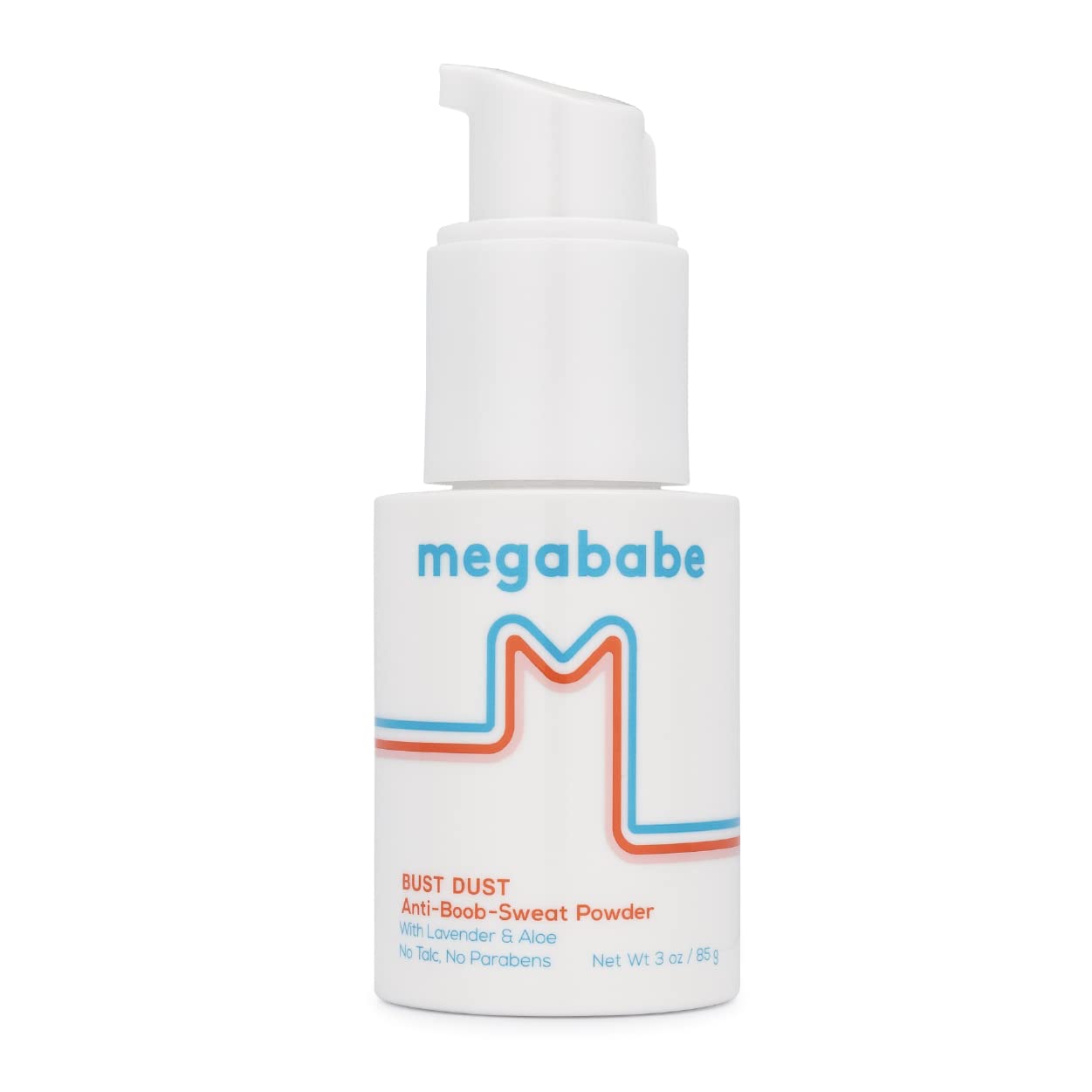 Megababe Bust Dust bottle pump enabling targeted, mess-free powder application.