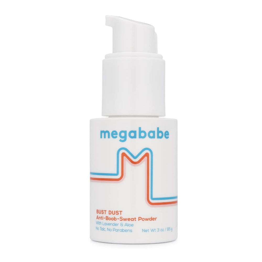 Megababe Bust Dust bottle pump enabling targeted, mess-free powder application.