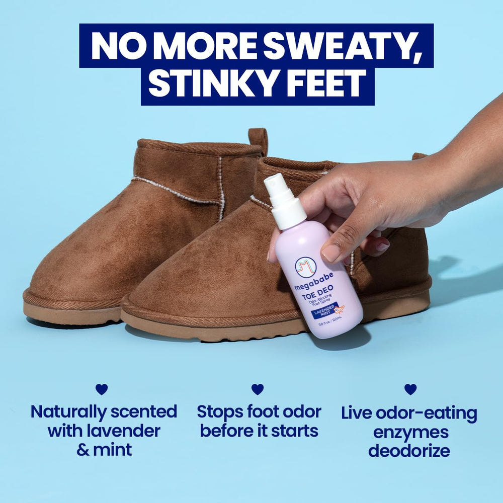 Megababe Toe Deo being applied between toes for odor control.