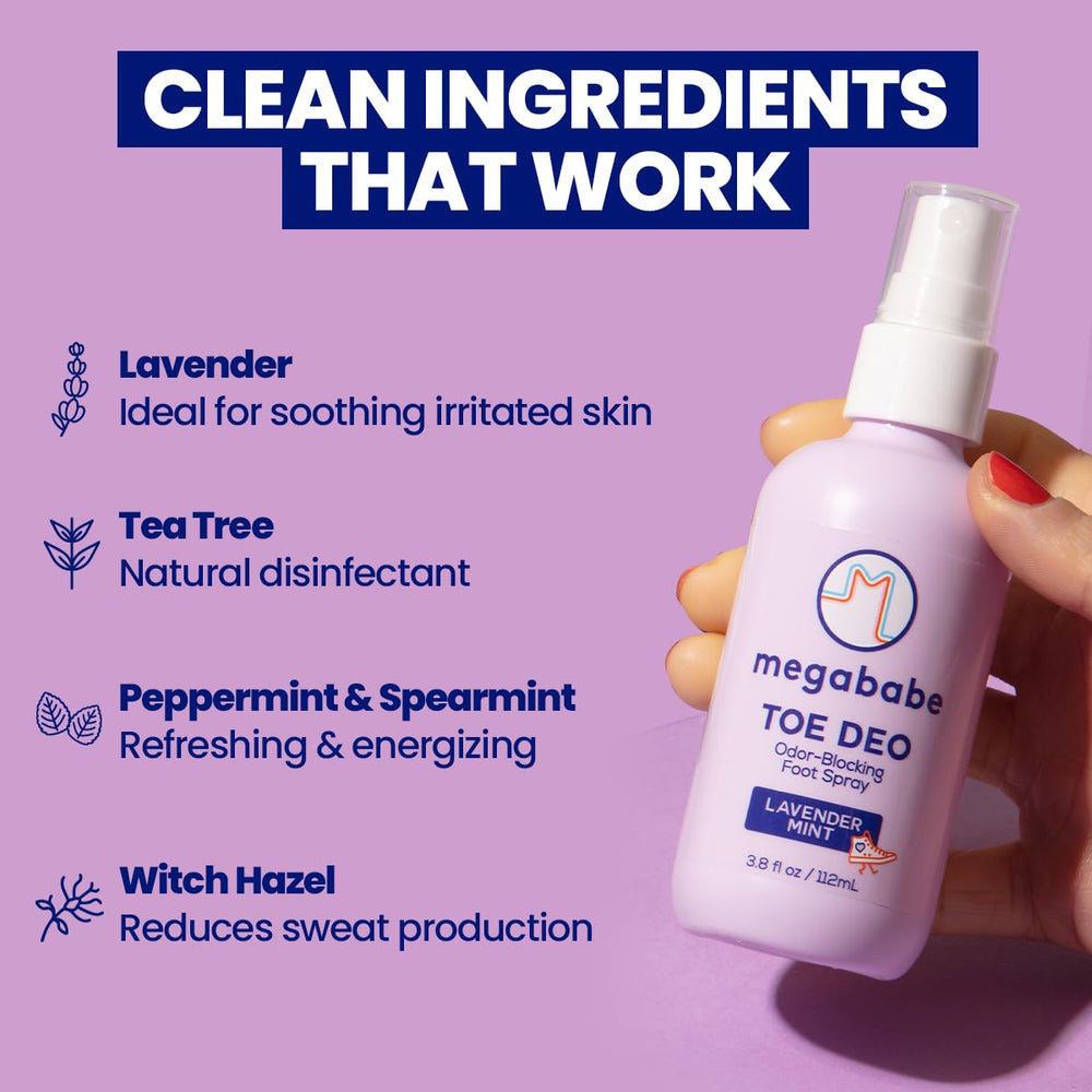 Megababe Toe Deo drying on clean feet after application.
