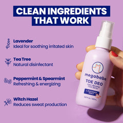 Megababe Toe Deo drying on clean feet after application.