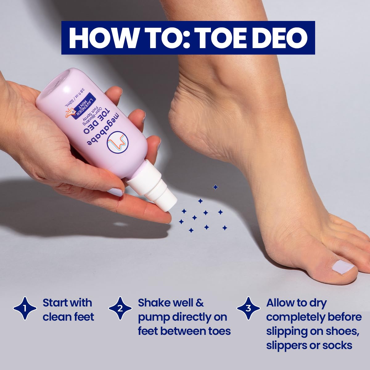 Megababe Toe Deo lavender mint scent for a refreshing feel.