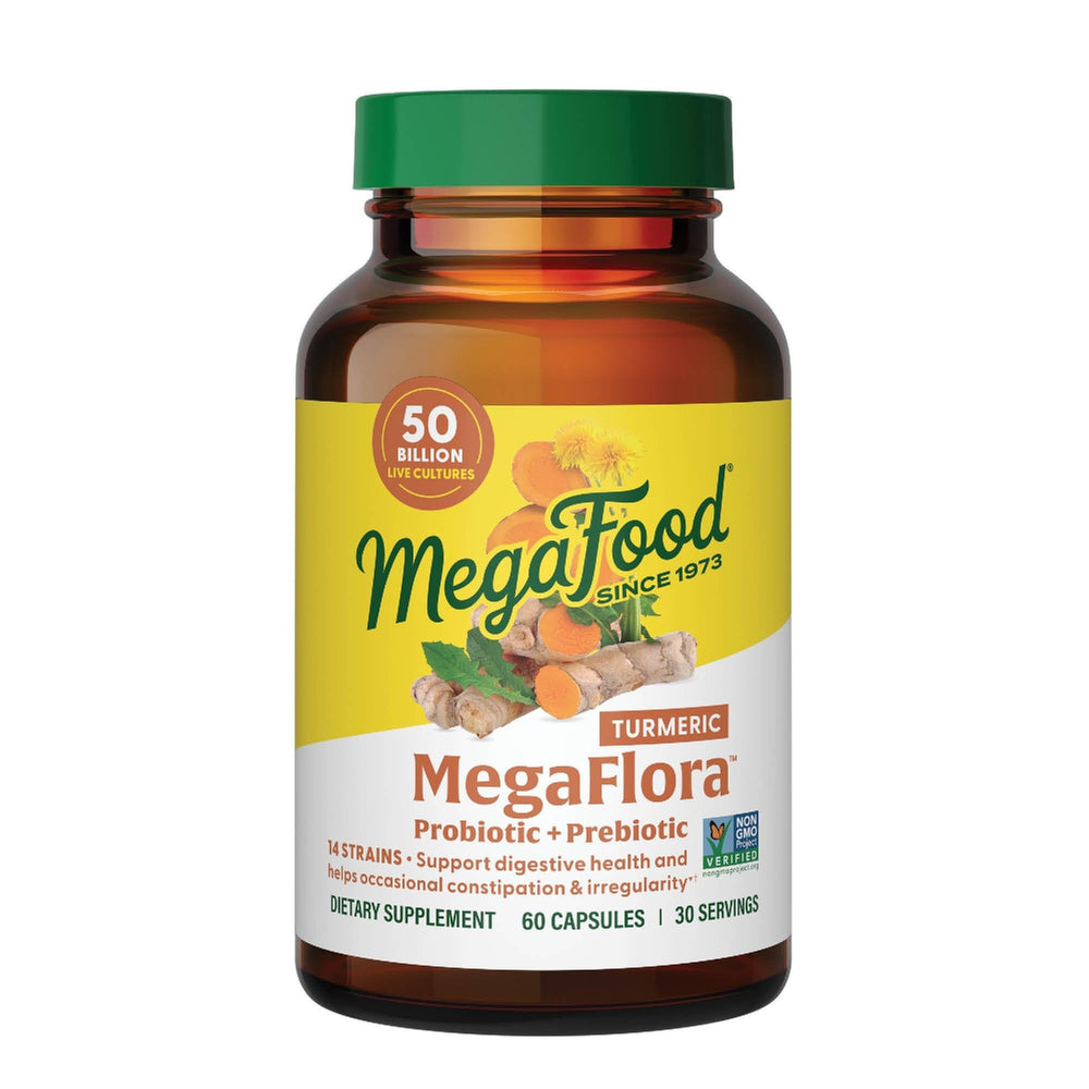 MegaFood MegaFlora bottle with turmeric-infused capsules for daily digestive support
