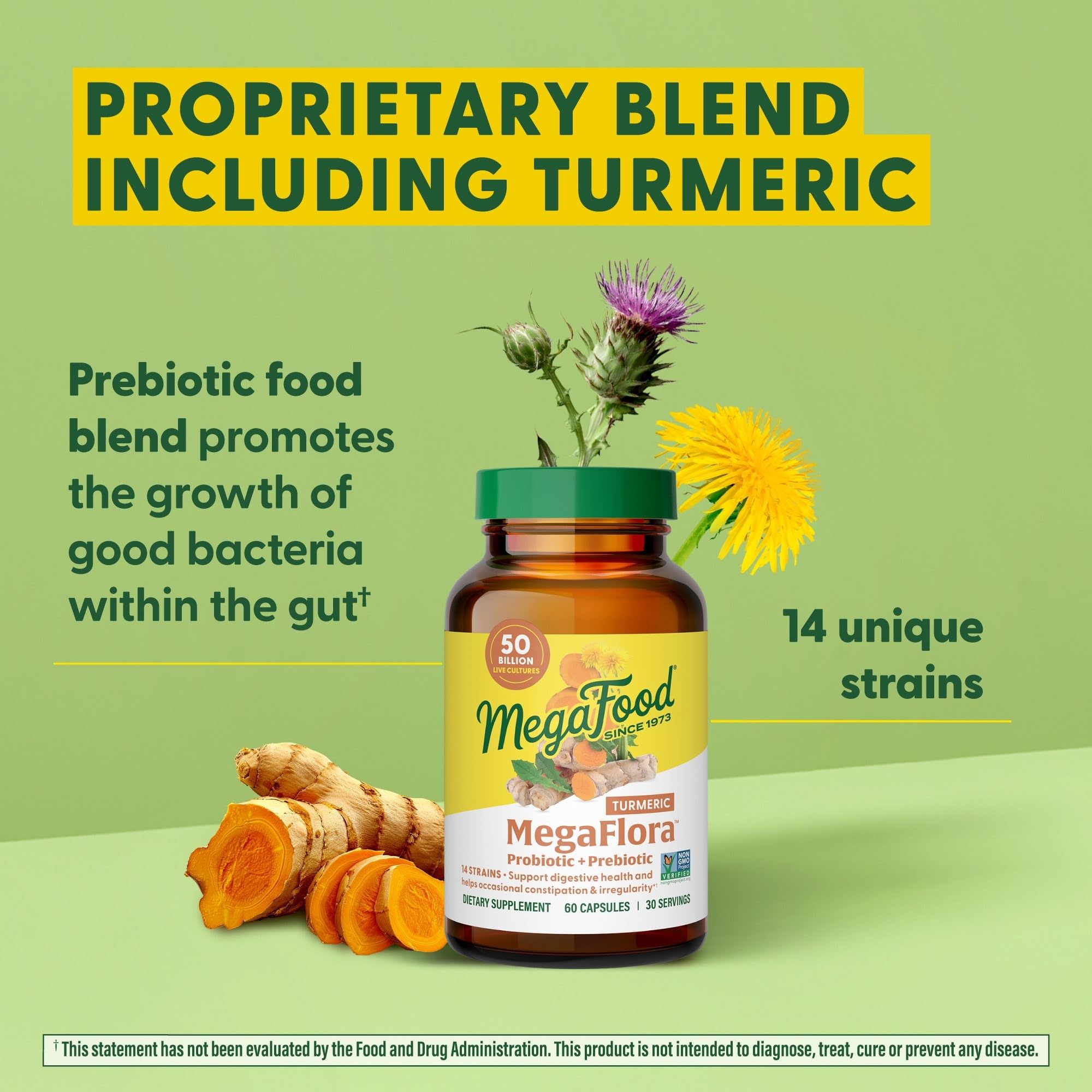 MegaFlora capsules close-up demonstrates vegetarian and gluten-free formula