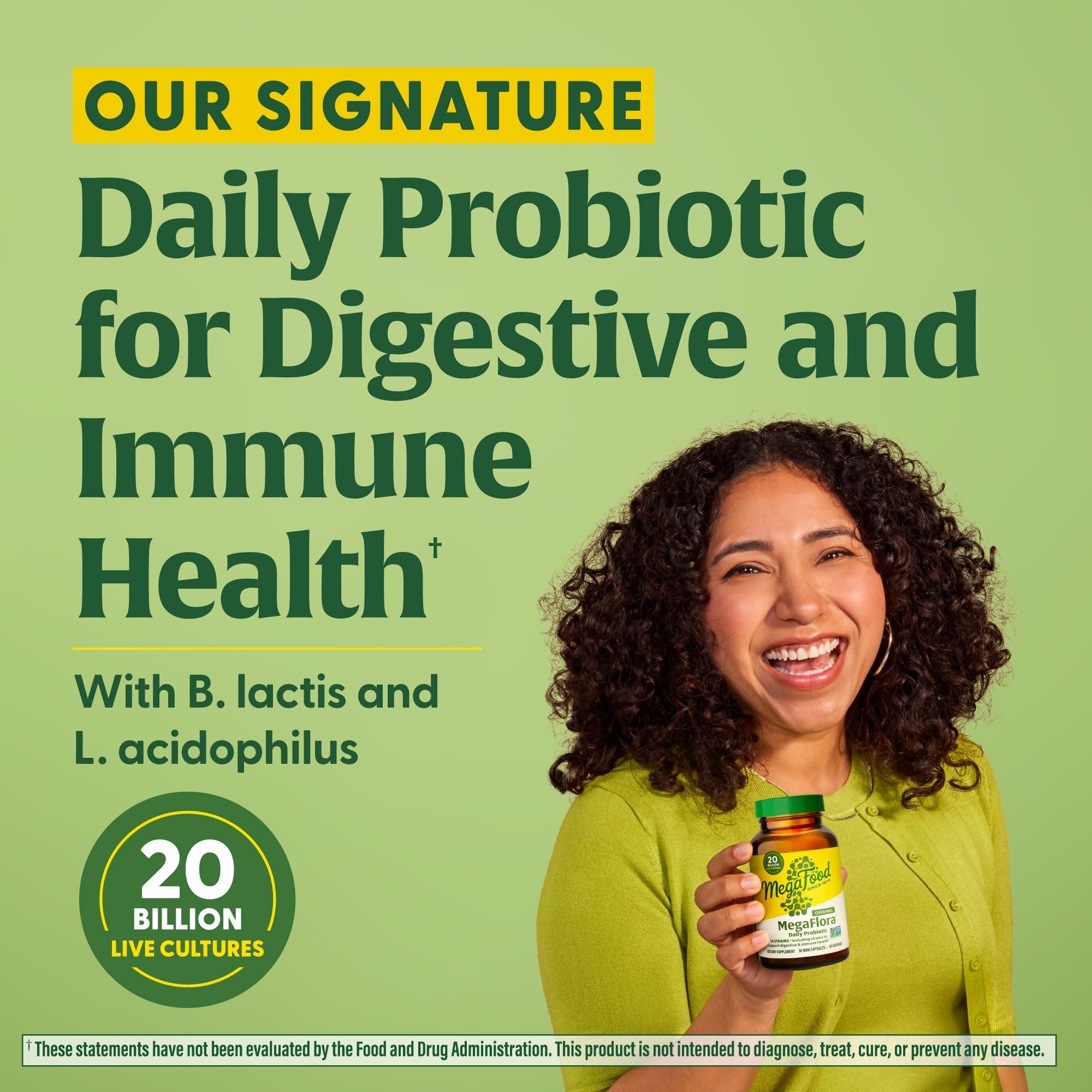 MegaFood MegaFlora capsules closeup shows vegetarian, non-GMO formula.