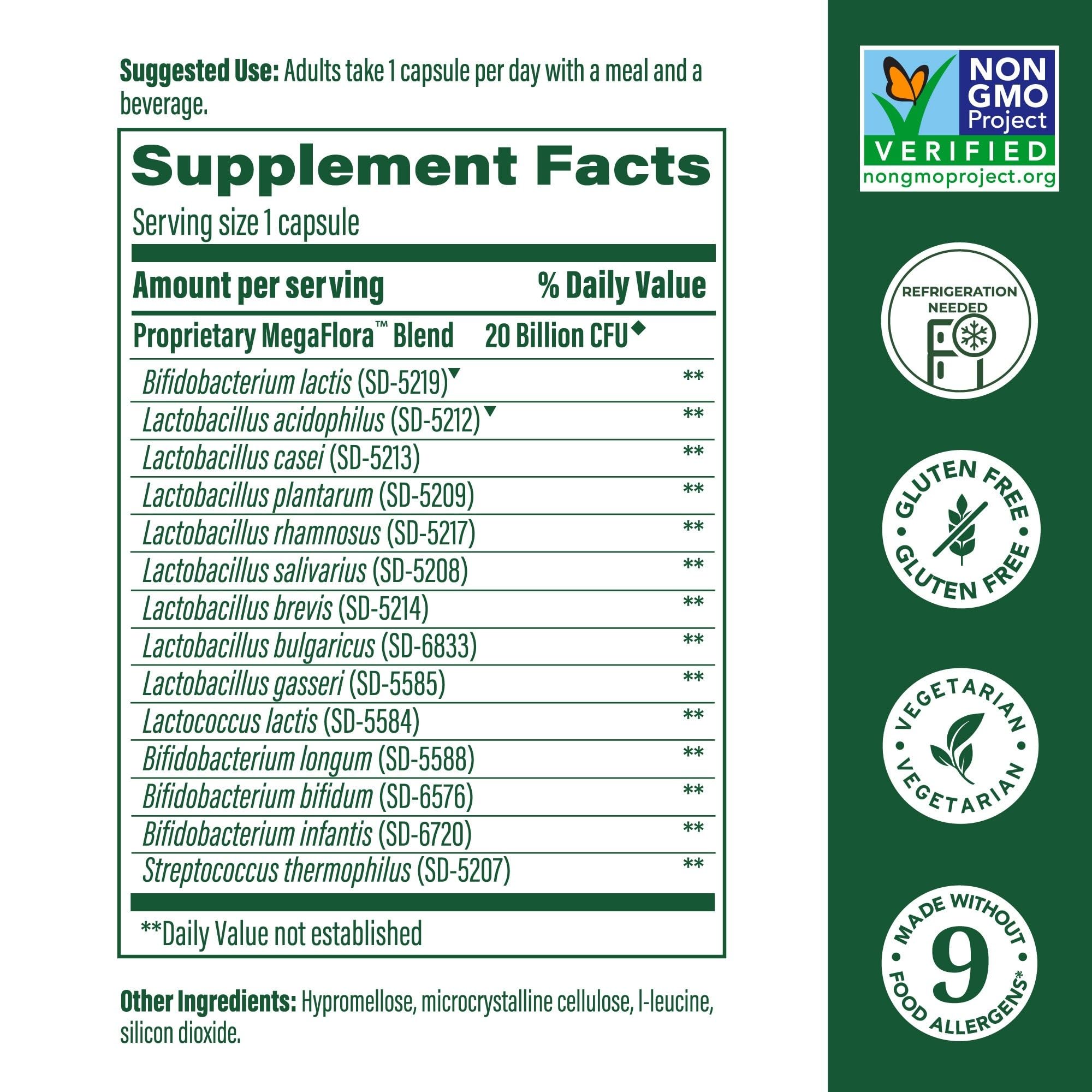 MegaFood MegaFlora label closeup highlights 14 strains and 20B CFU.