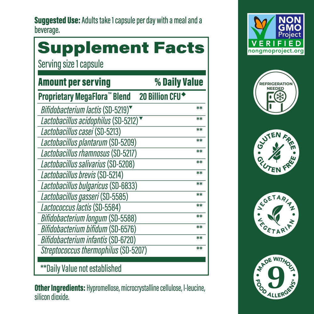 MegaFood MegaFlora label closeup highlights 14 strains and 20B CFU.