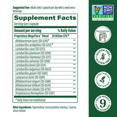 MegaFood MegaFlora label closeup highlights 14 strains and 20B CFU.
