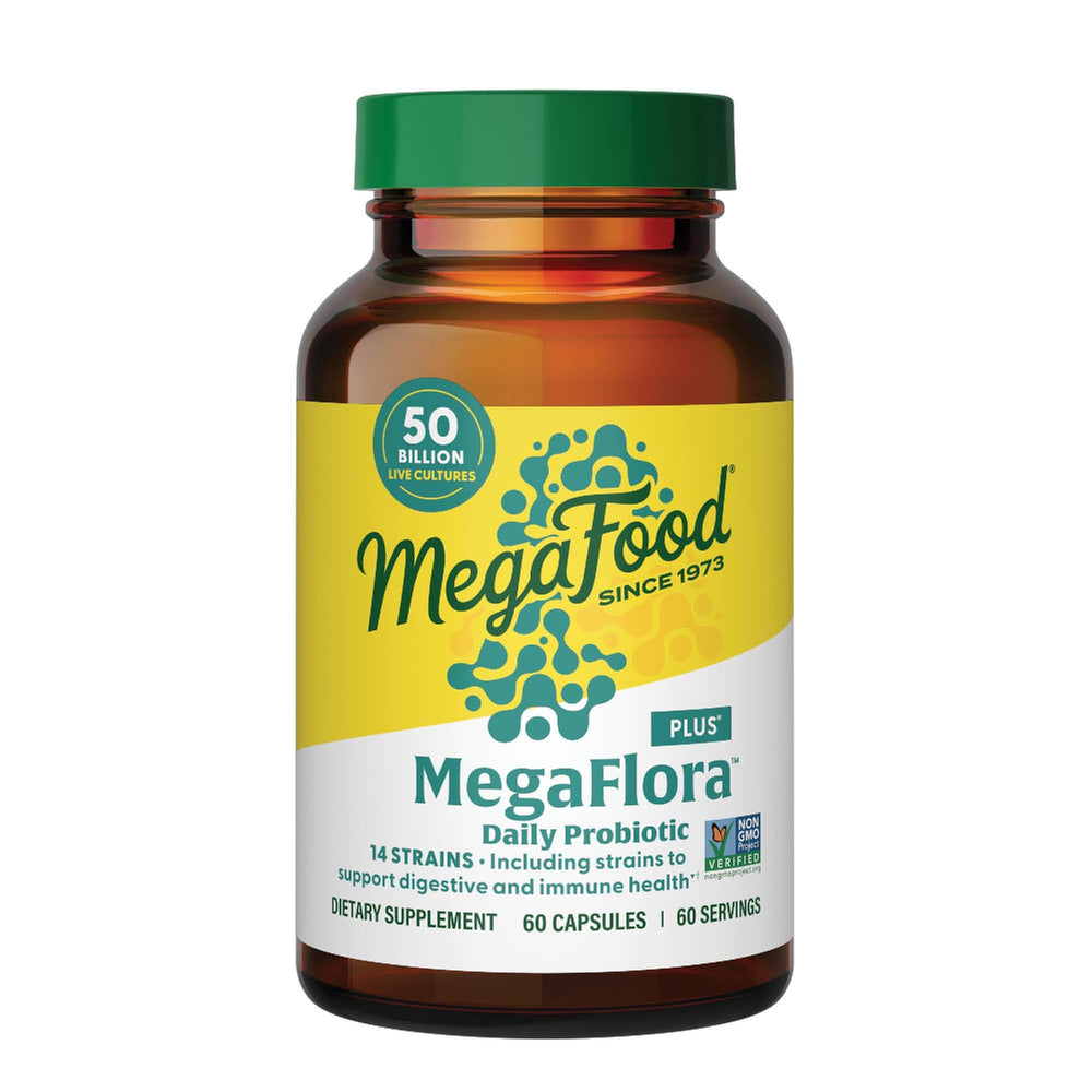MegaFood MegaFlora Probiotic Plus bottle cap shown for freshness and potency.