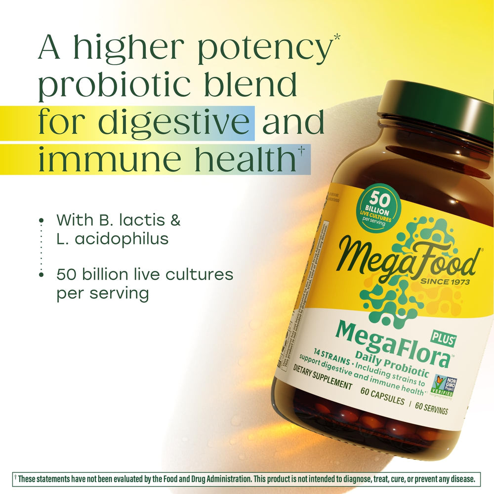 MegaFood MegaFlora Probiotic Plus label closeup highlighting 50 billion CFU.