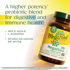 MegaFood MegaFlora Probiotic Plus label closeup highlighting 50 billion CFU.