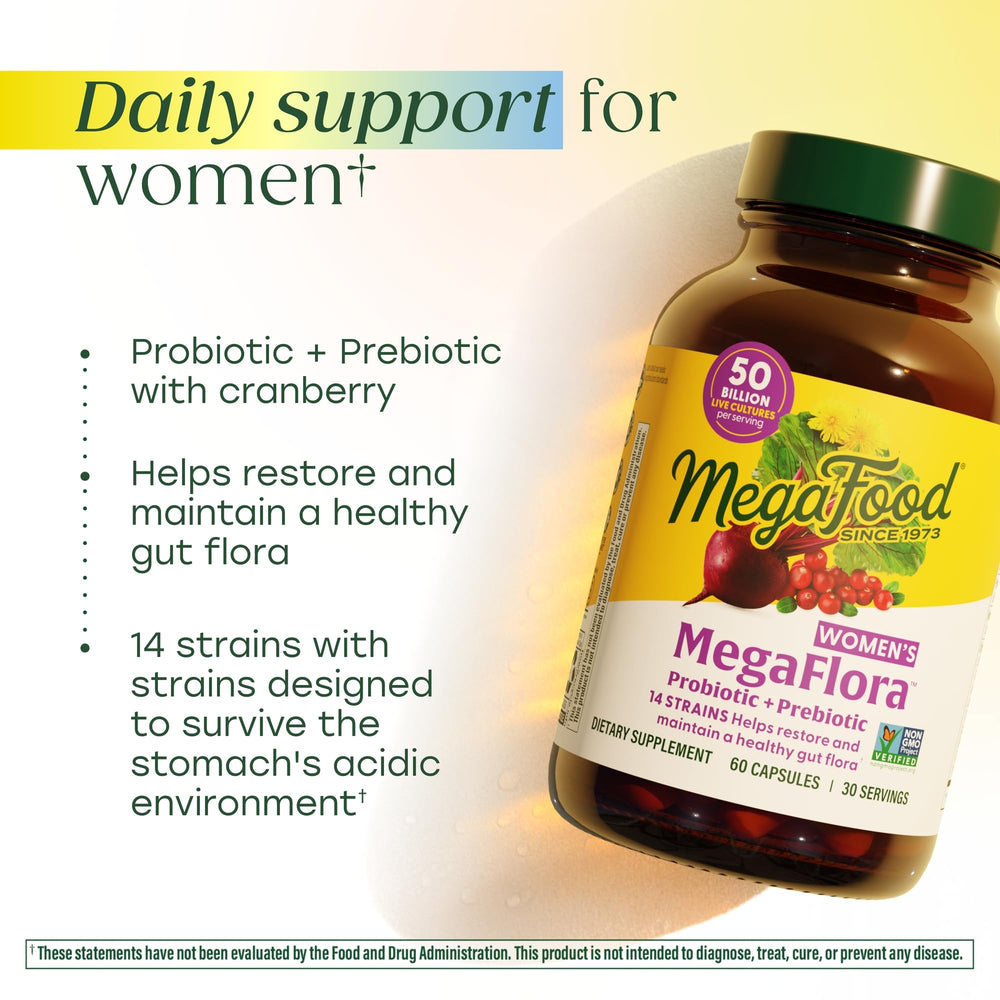 MegaFood MegaFlora Women label shows 14 strains and 50B CFU