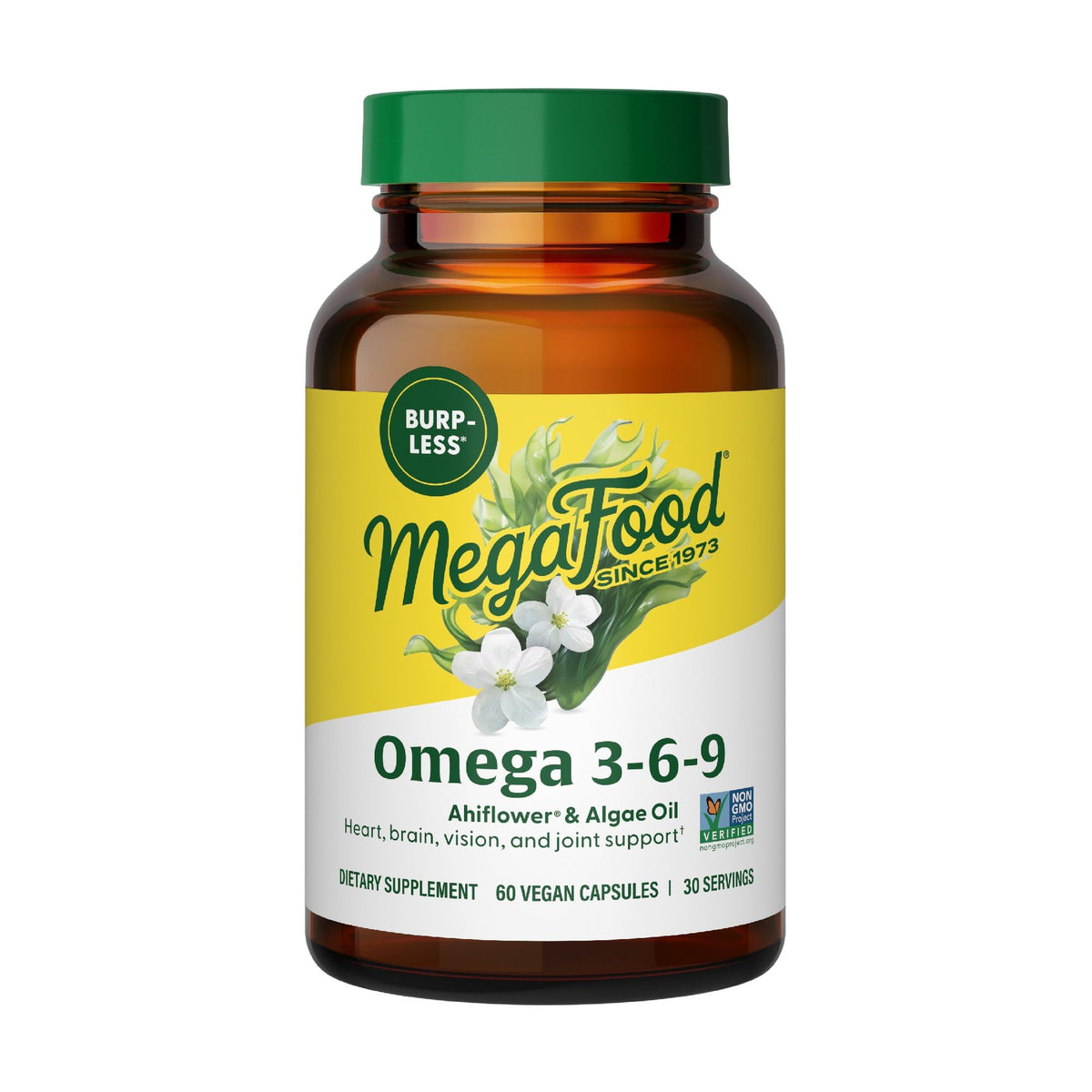 MegaFood Vegan Omega 3 6 9 bottle showing plant-based daily omega support for heart and brain health