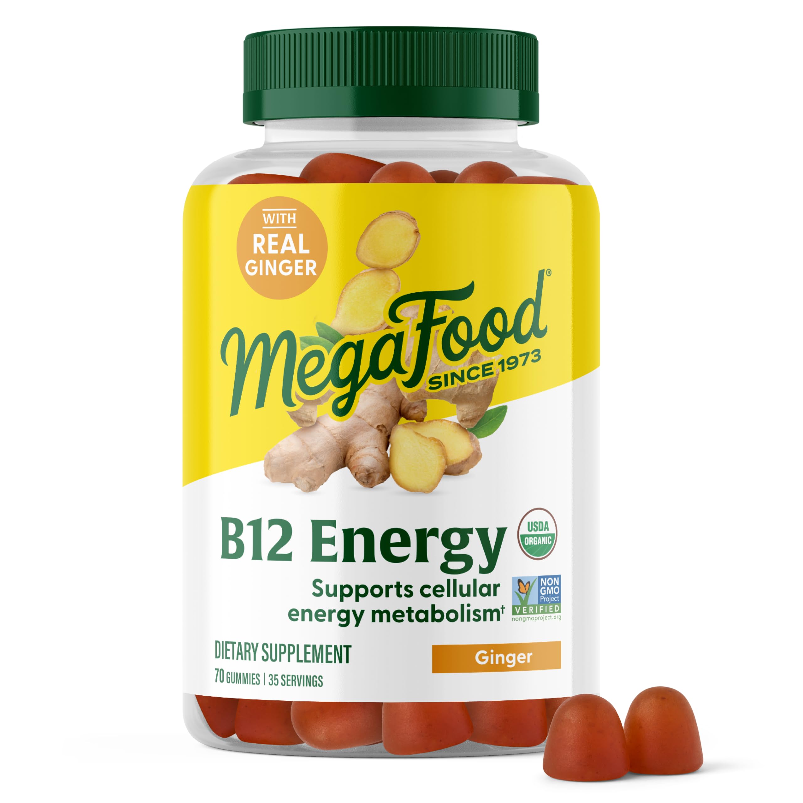 MegaFood B12 Energy Gummies bottle showing vegan ginger formula for daily energy
