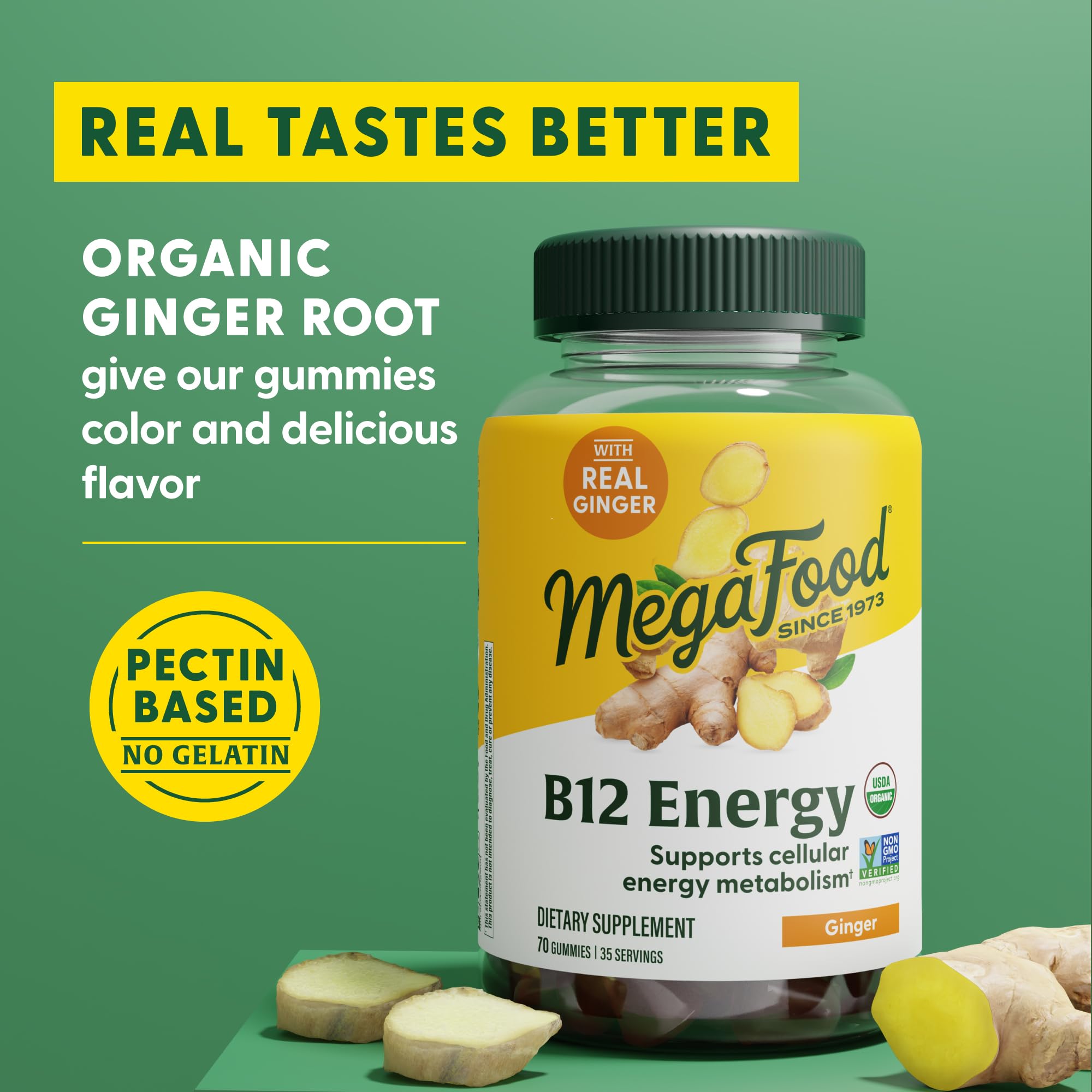 MegaFood B12 Energy Gummies close-up texture of chewy ginger gummies
