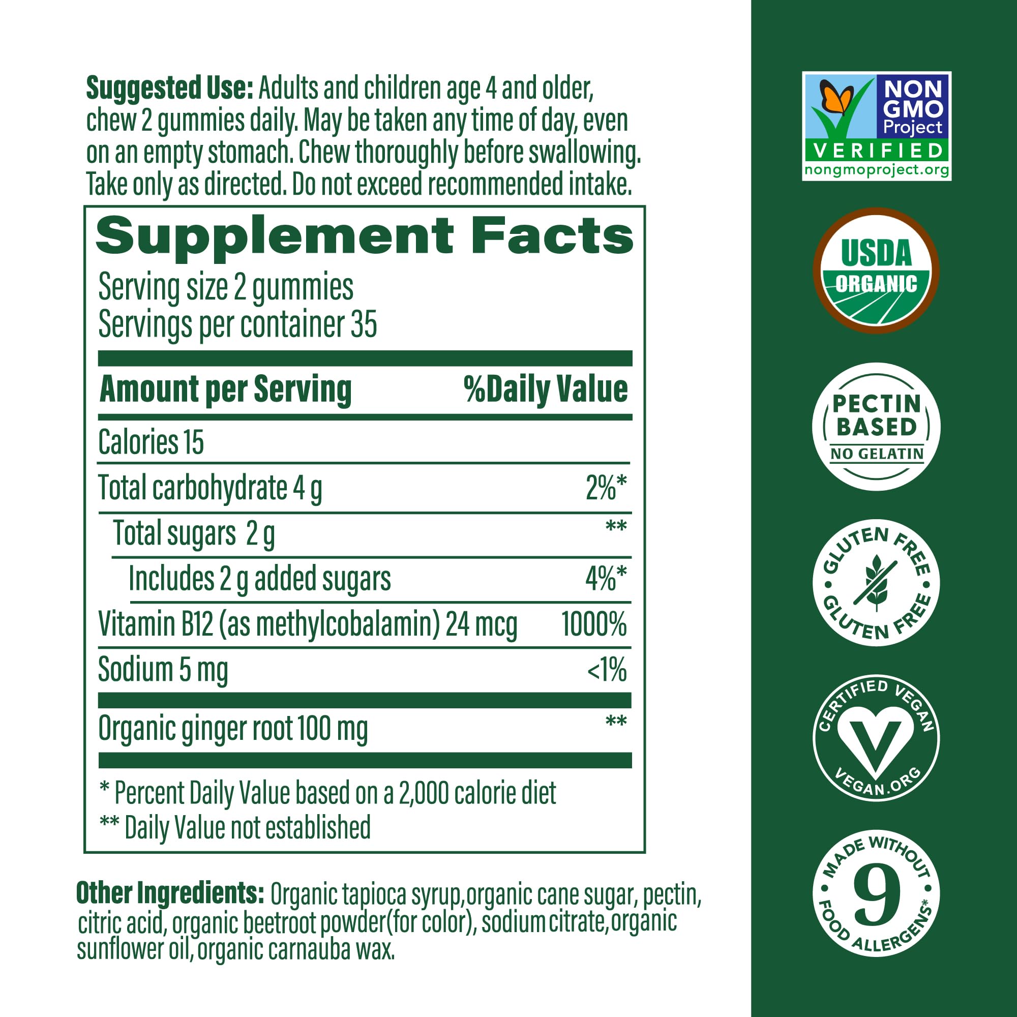 MegaFood B12 Energy Gummies ingredients label highlighting vegan methyl B12